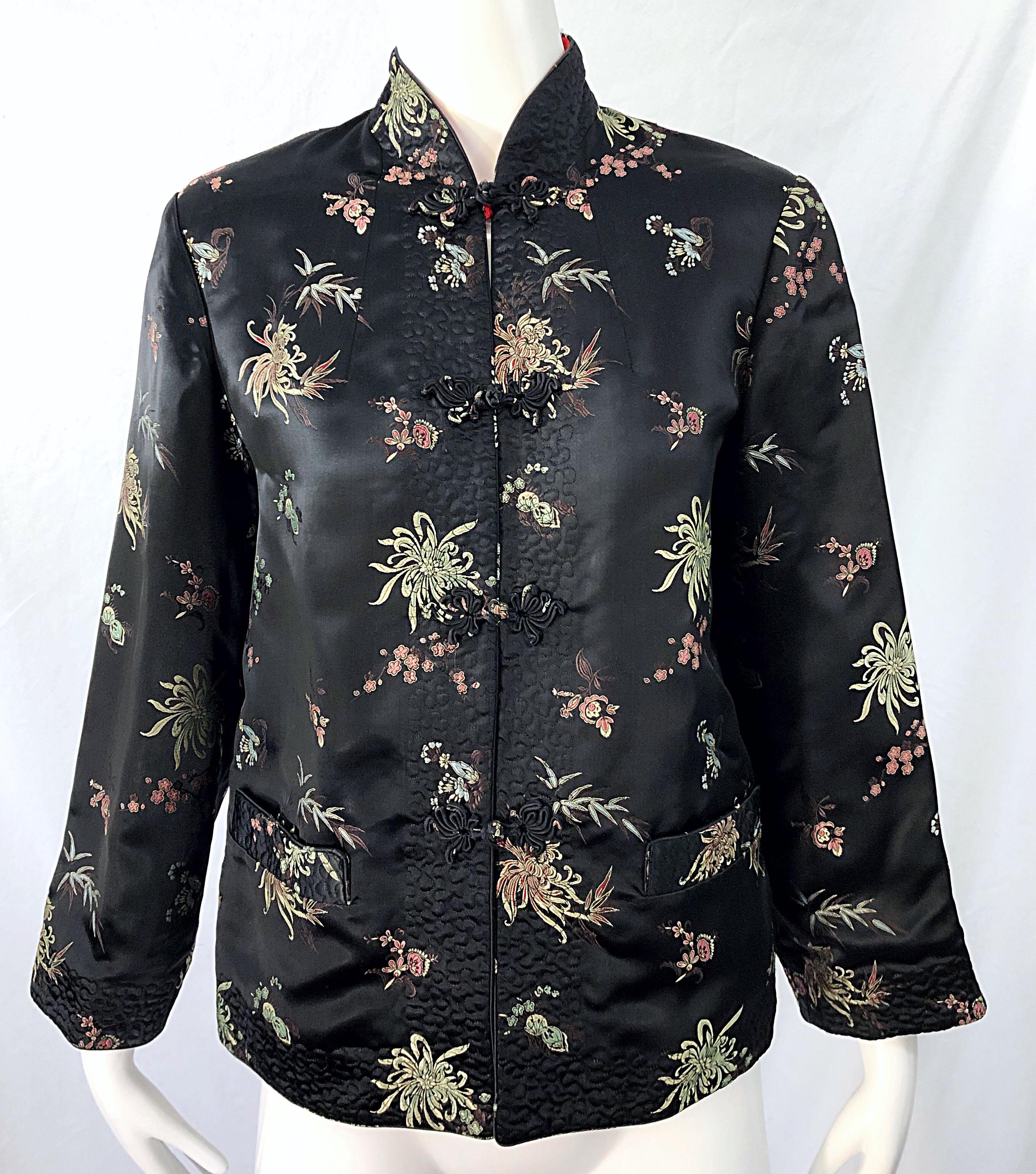Giacca anni '60 nera + rossa in seta asiatica reversibile con colletto alla mandarina 8
