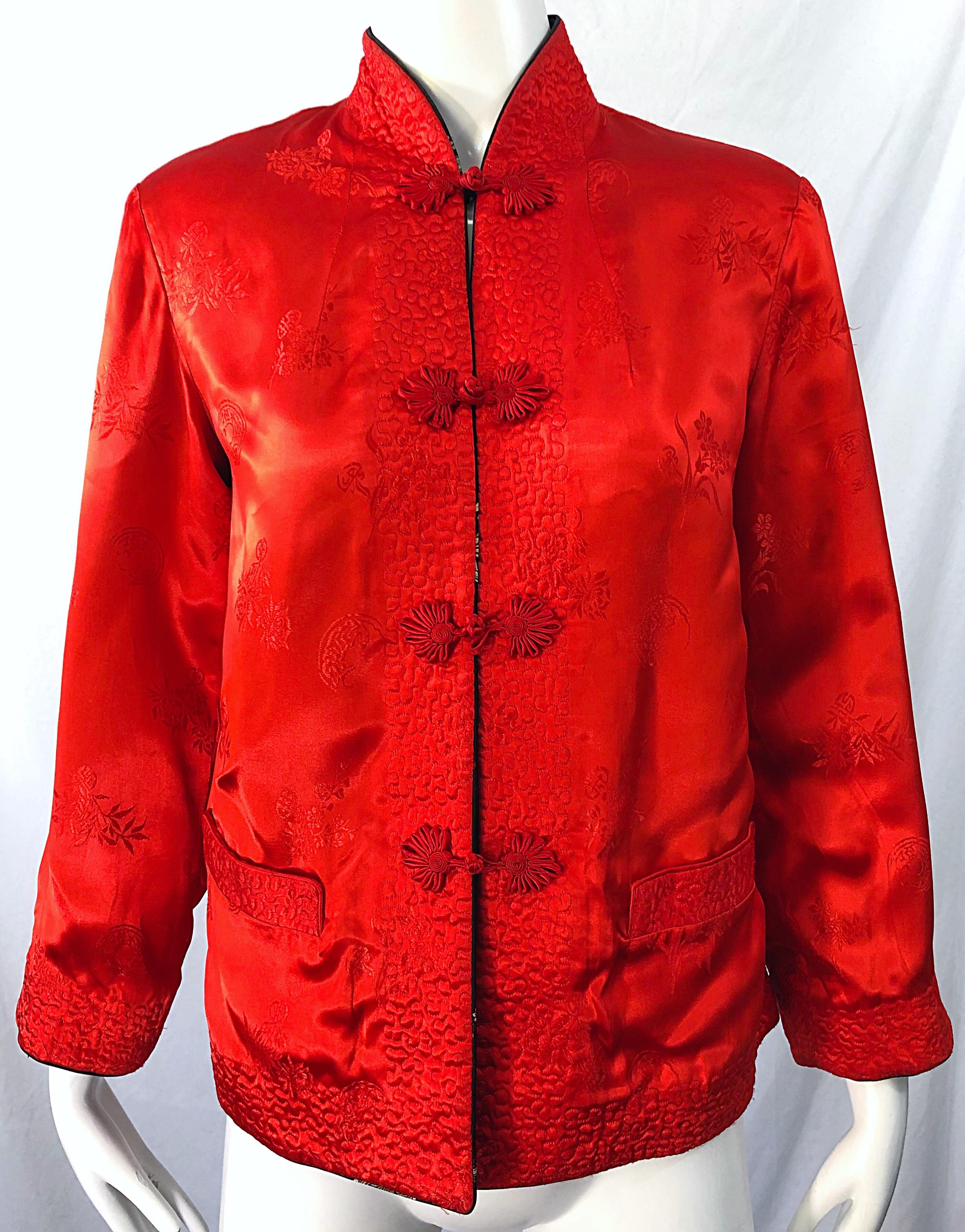 1960s Black + Red Asian Silk Reversible Mandarin Collar Vintage 60s Jacket 12