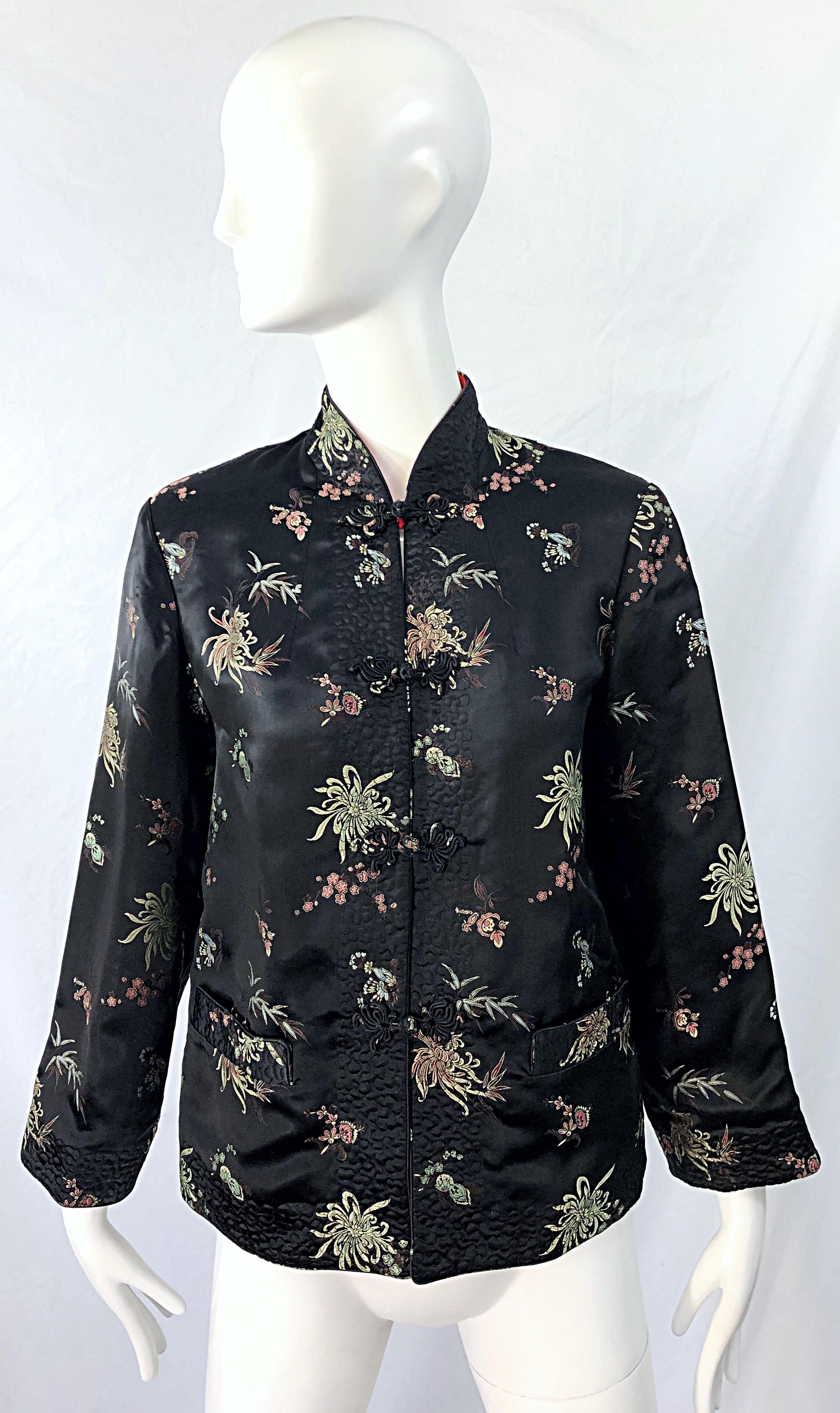 1960s Black + Red Asian Silk Reversible Mandarin Collar Vintage 60s Jacket 13