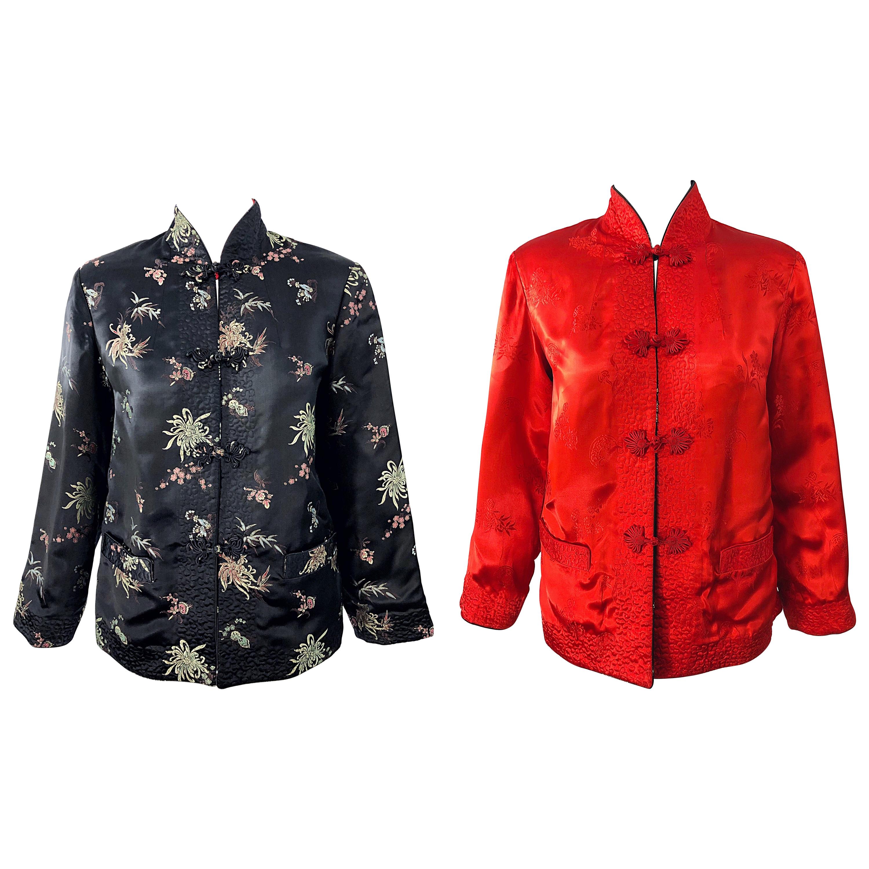 1960s Black + Red Asian Silk Reversible Mandarin Collar Vintage 60s Jacket  For Sale at 1stDibs
