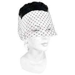 1960s Black Satin Pillbox Hat with Veil and Velvet Ribbon Accent