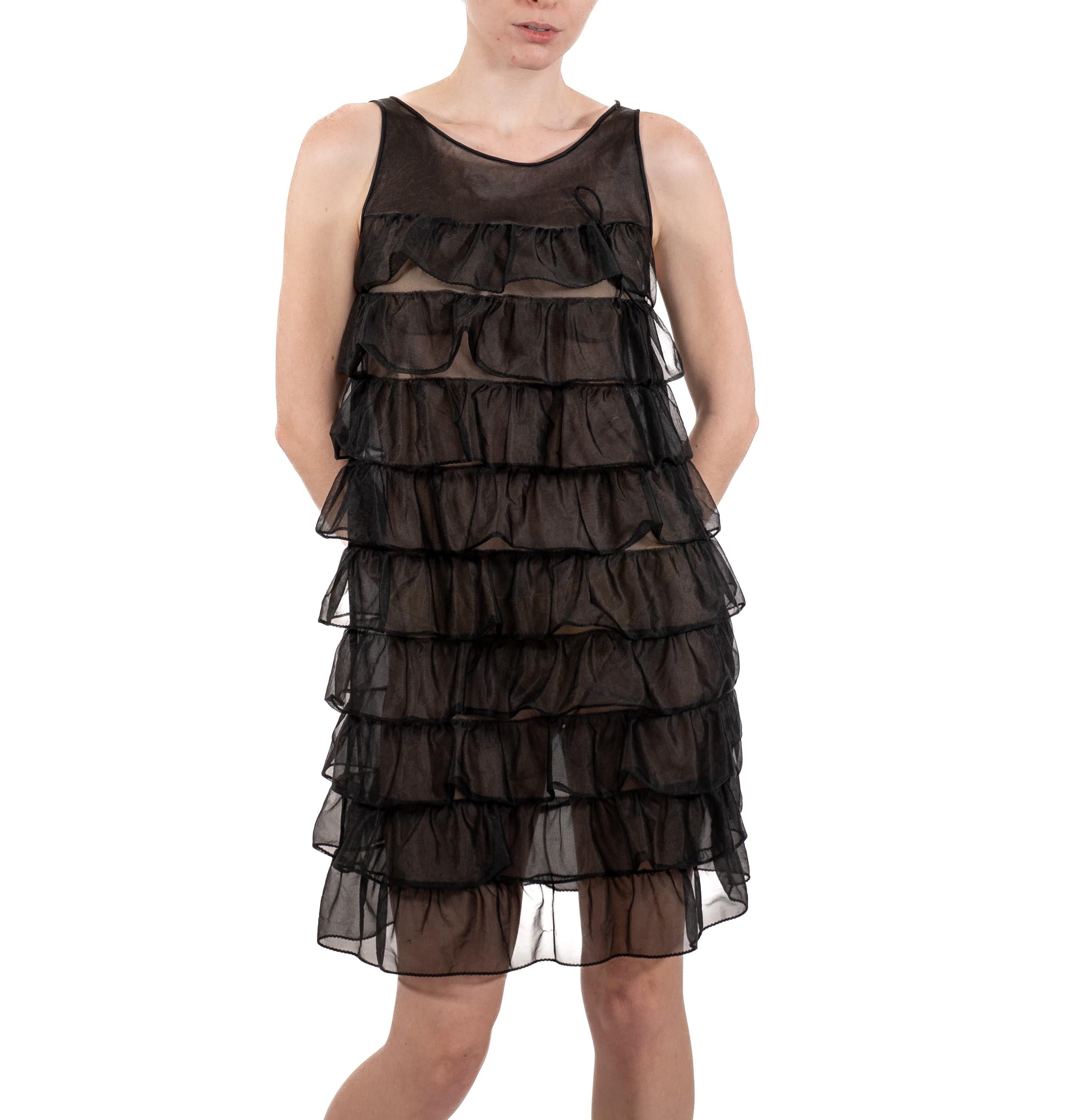 1960S Black Sheer Nylon Tricot Jersey Mod Ruffled Negligee In Good Condition For Sale In New York, NY