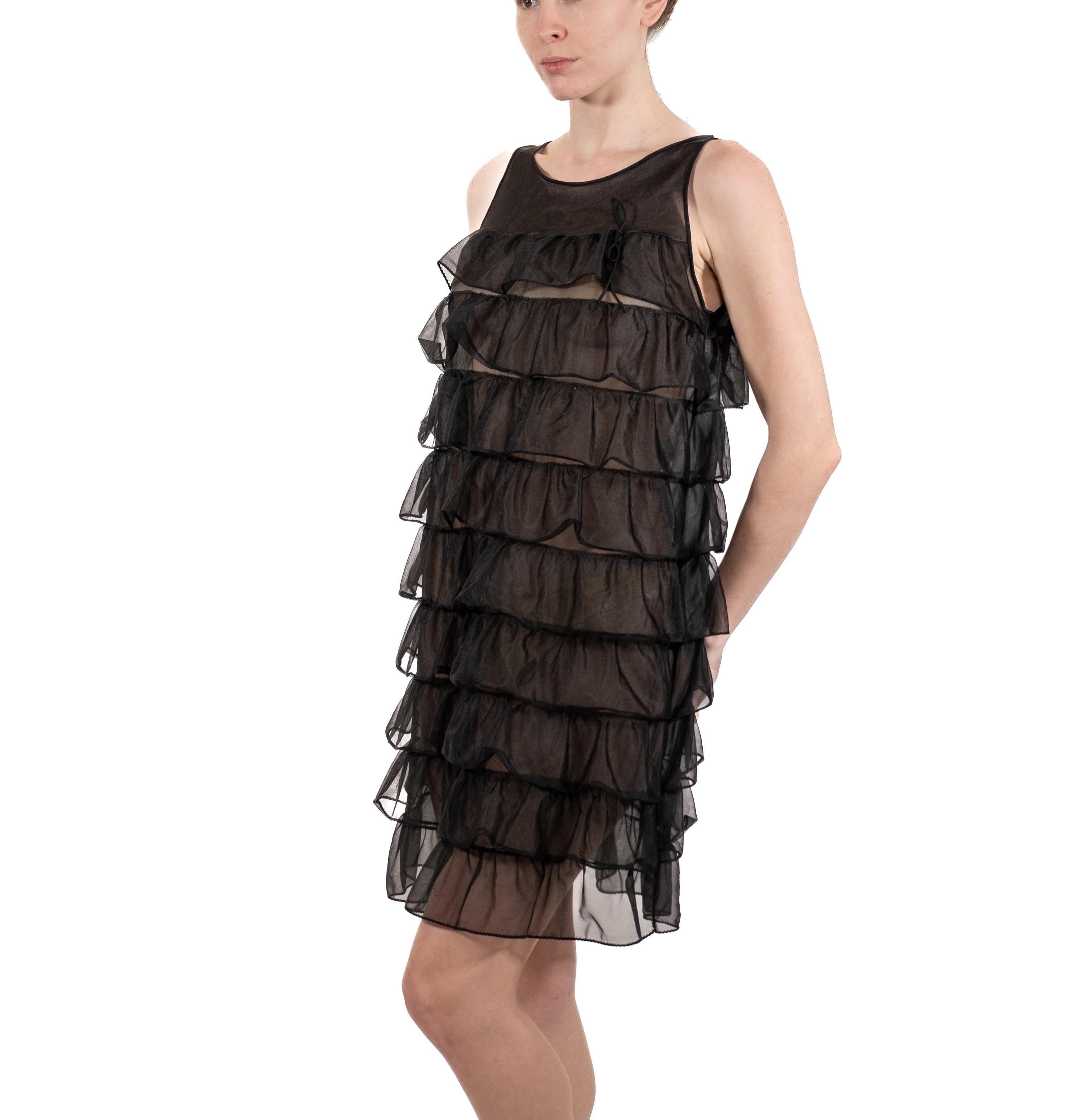 Women's 1960S Black Sheer Nylon Tricot Jersey Mod Ruffled Negligee For Sale