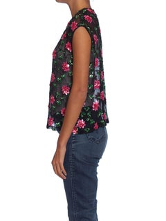 1960S Black Sheer Silk Chiffon Shell Top Beaded With Pink Sequin Flowers