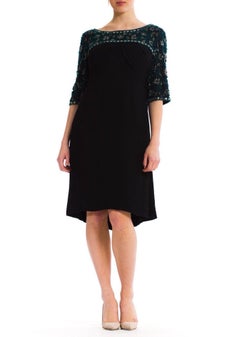 1960S Black Silk Mousseline Cocktail Dress With Emerald Crystal Beaded Sleeves