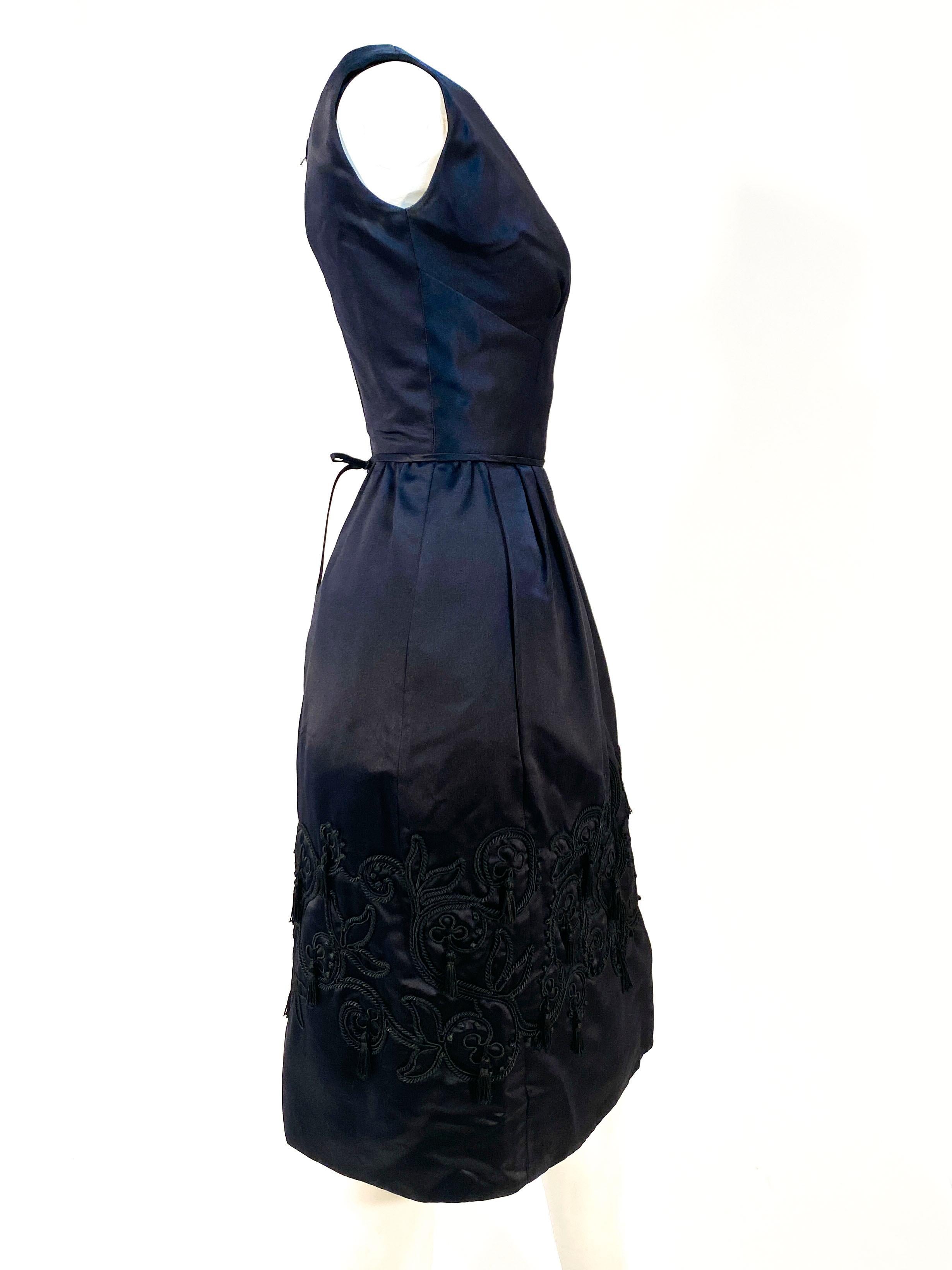 1960s Black Silk Satin Cocktail Dress with Embroidered Skirt In Good Condition For Sale In San Francisco, CA