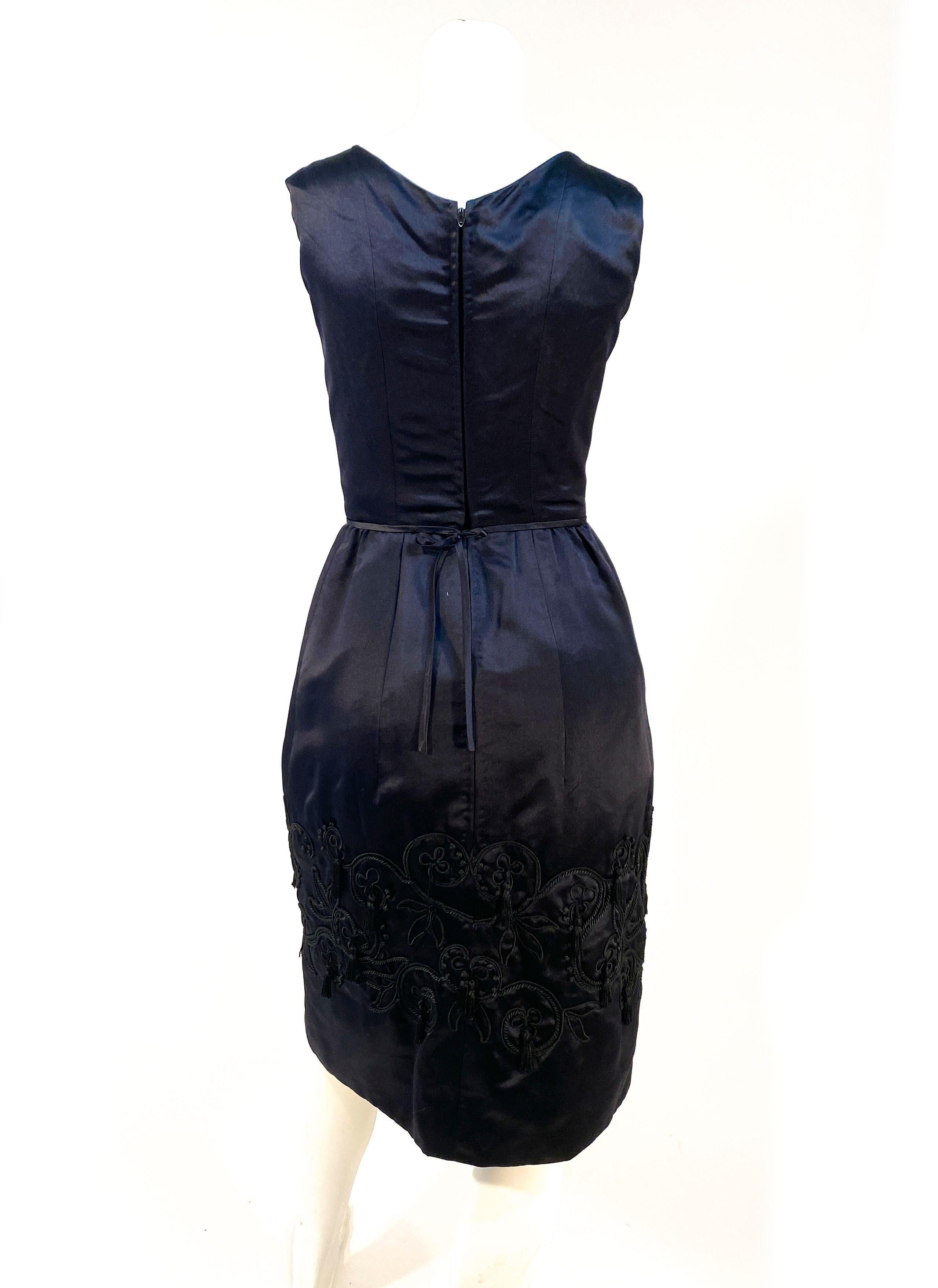 Women's 1960s Black Silk Satin Cocktail Dress with Embroidered Skirt For Sale