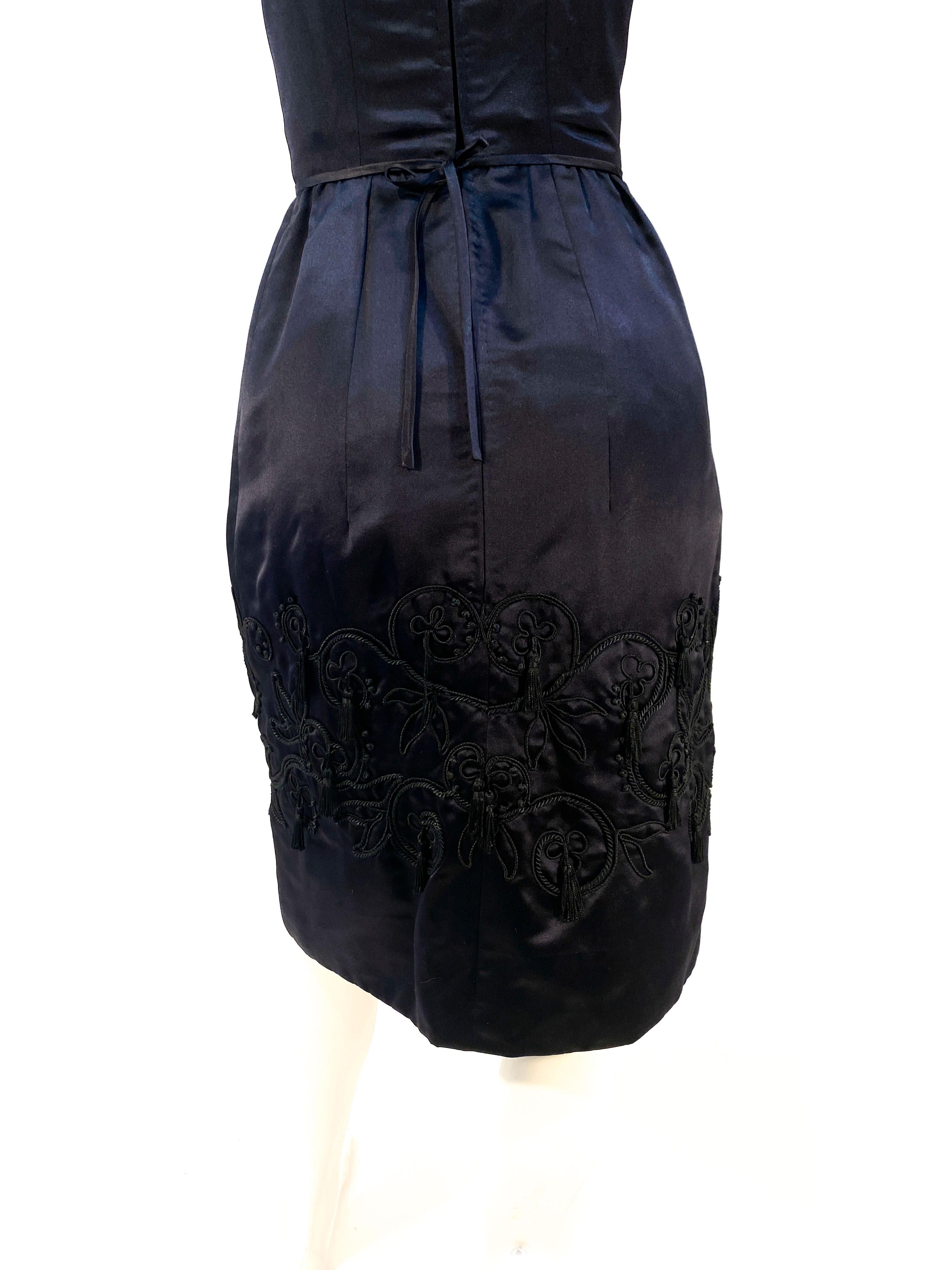 1960s Black Silk Satin Cocktail Dress with Embroidered Skirt For Sale 1