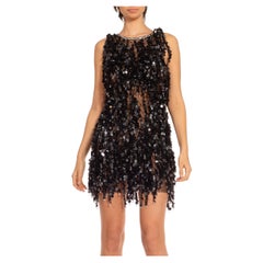 1960S Black & Silver Nylon Fringe Paillettes Cocktail Dress