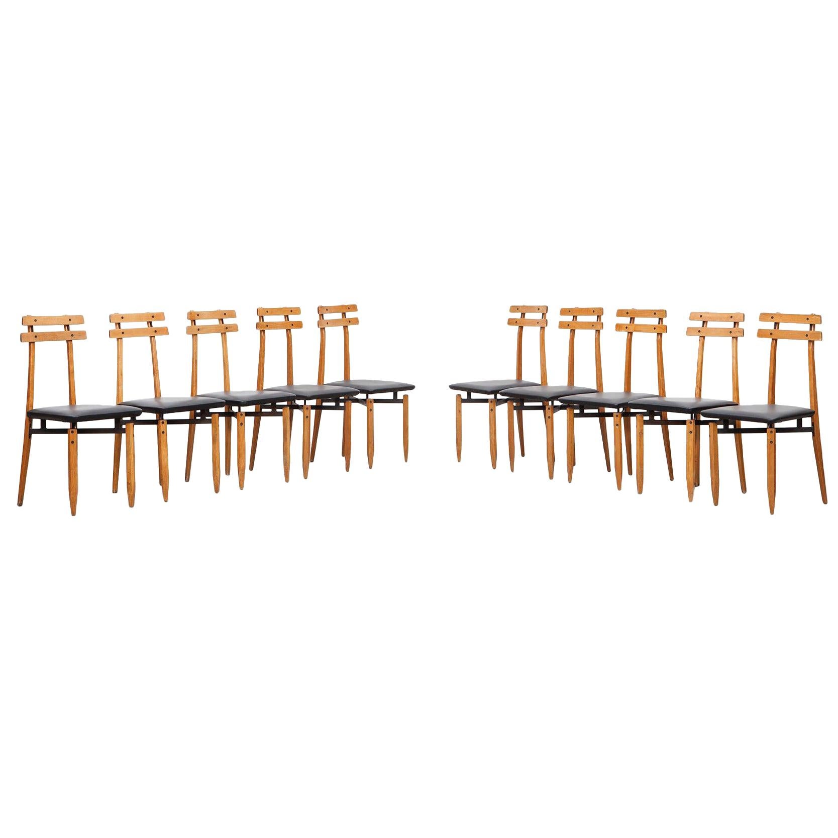 1960s Black Steel and Leather Set of ten Dining Chairs by Roberto Aloi For Sale
