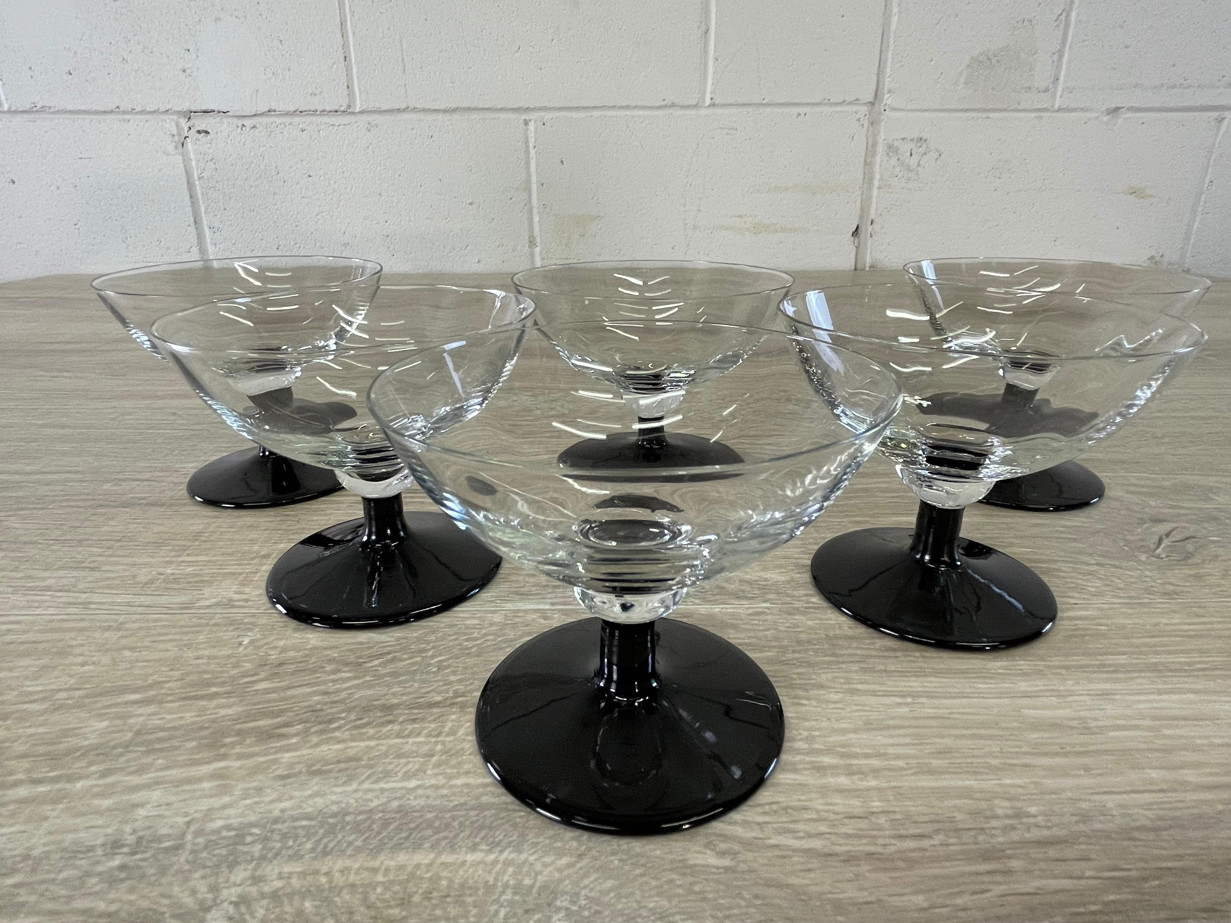 Mid-Century Modern 1960s Black Stem Low Glass Coupes, Set of 6 For Sale