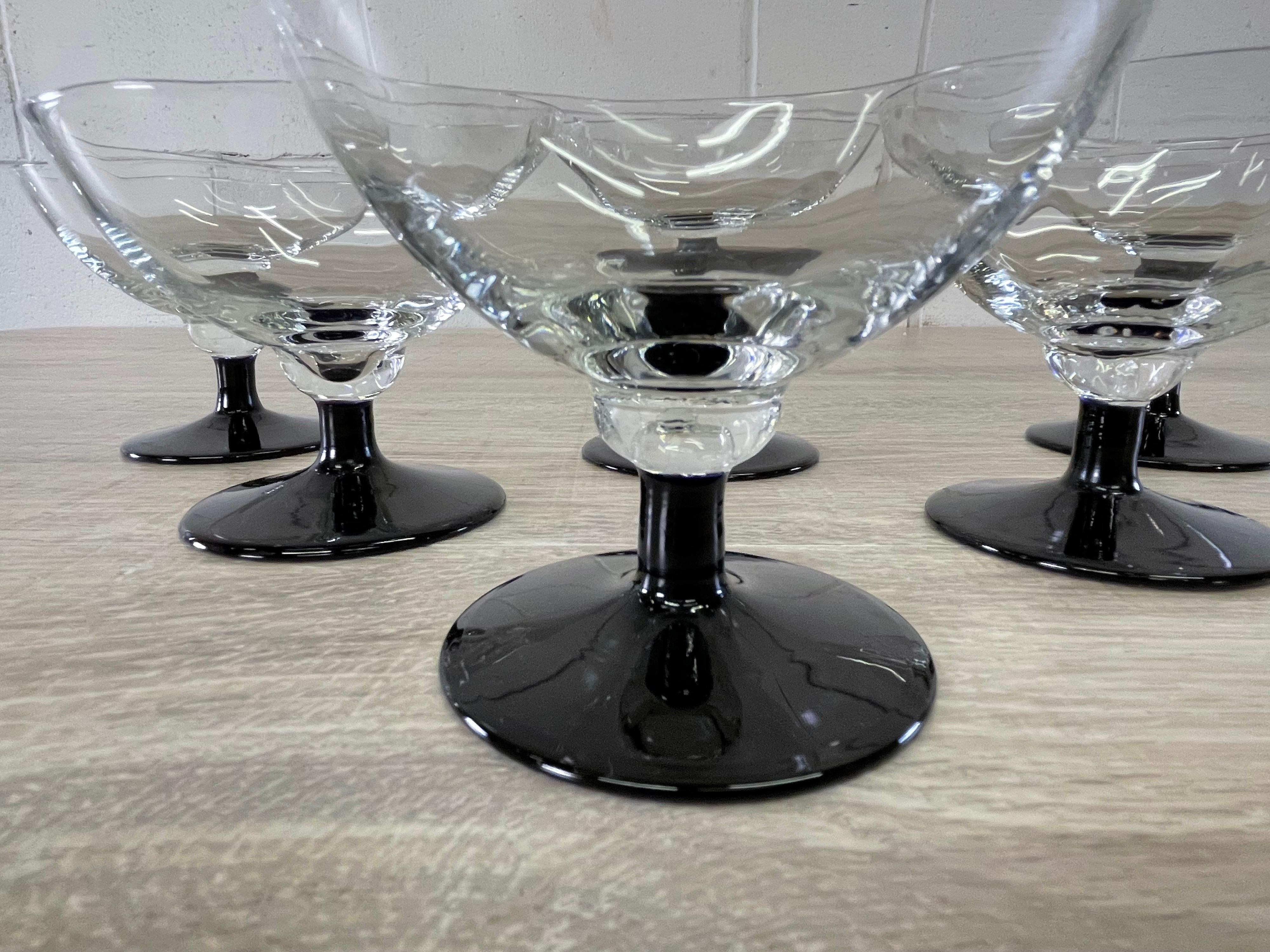 1960s Black Stem Low Glass Coupes, Set of 6 In Good Condition For Sale In Amherst, NH