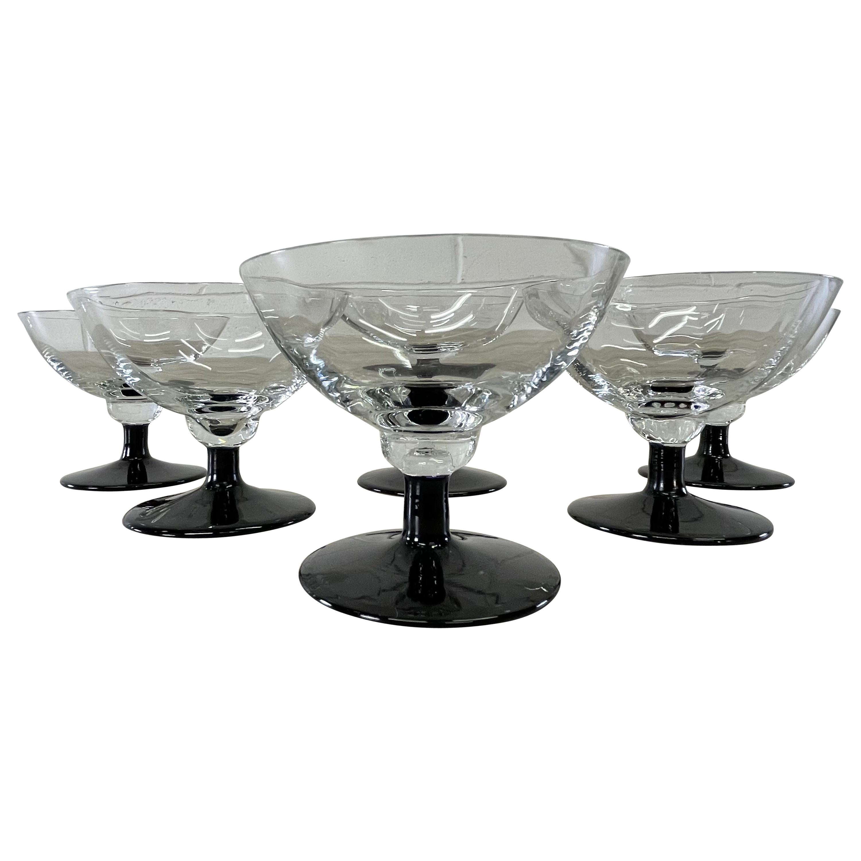 1960s Black Stem Low Glass Coupes, Set of 6 For Sale