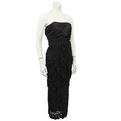 1960s Black Strapless Cocktail Dress with Lace and Floral Applique Skirt