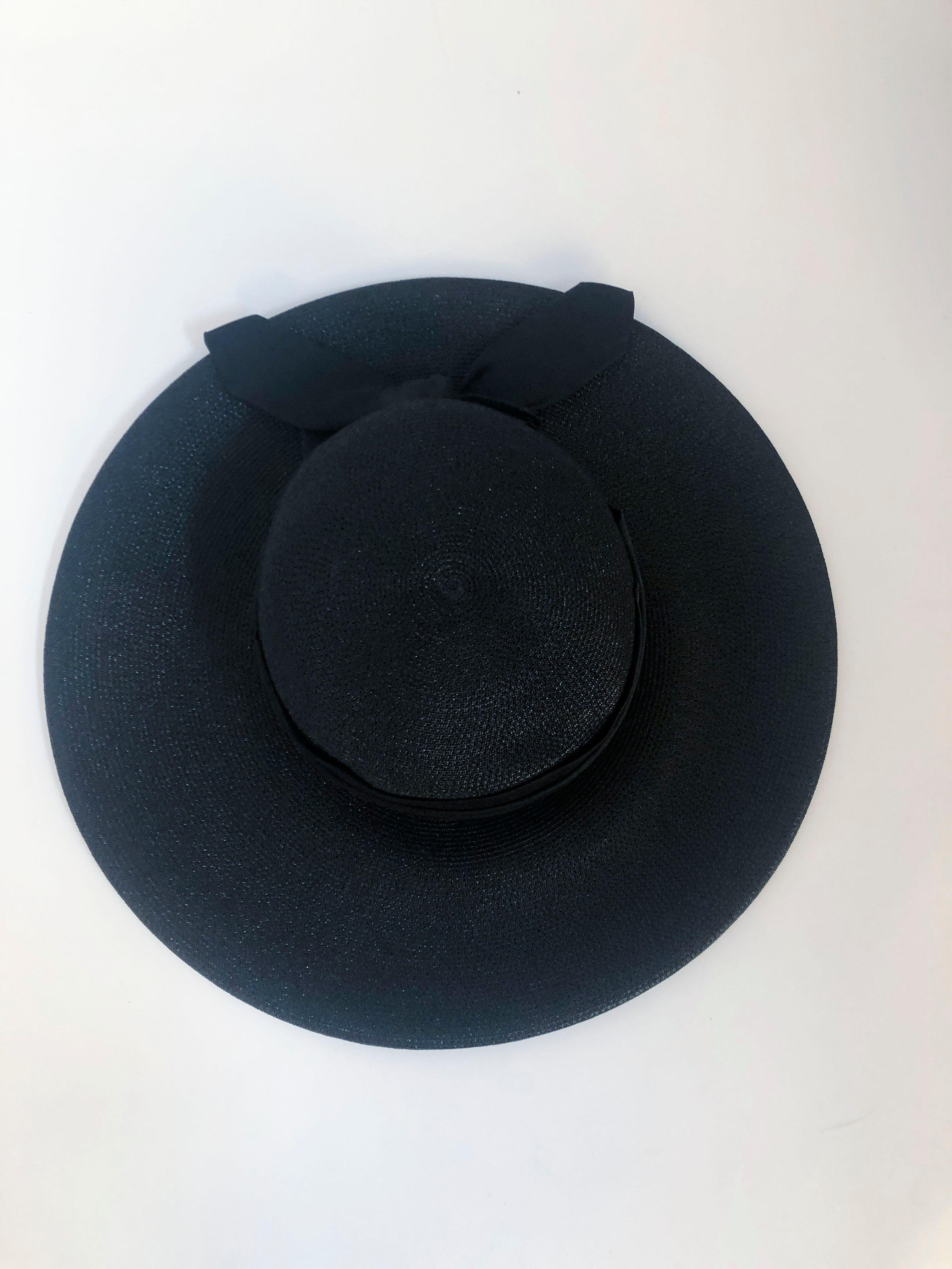 1960's Black Straw Hat with Wide Tiered Satin Band and Bow 6