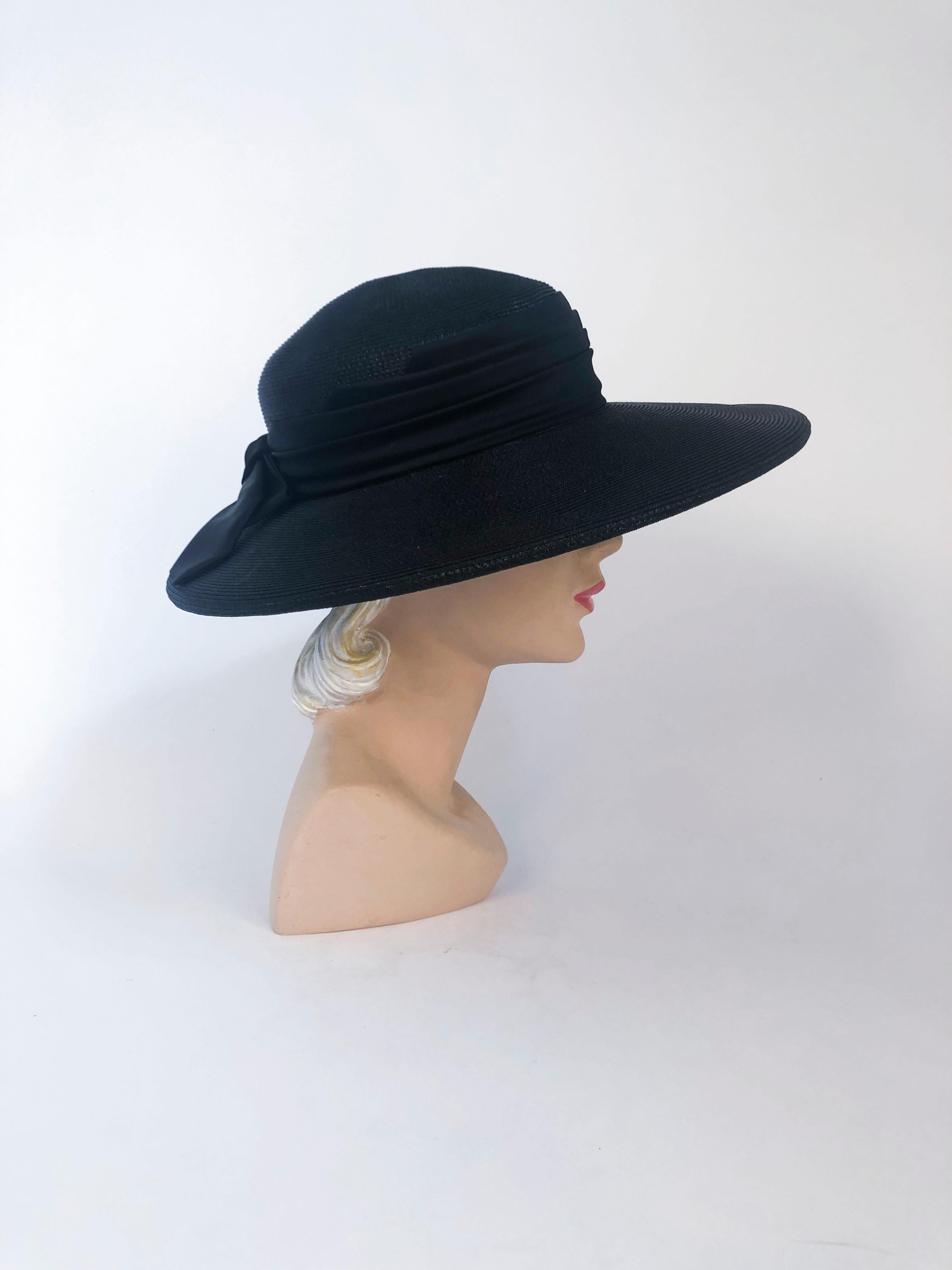 1960's Black Straw Hat with Wide Tiered Satin Band and Bow In Good Condition In San Francisco, CA