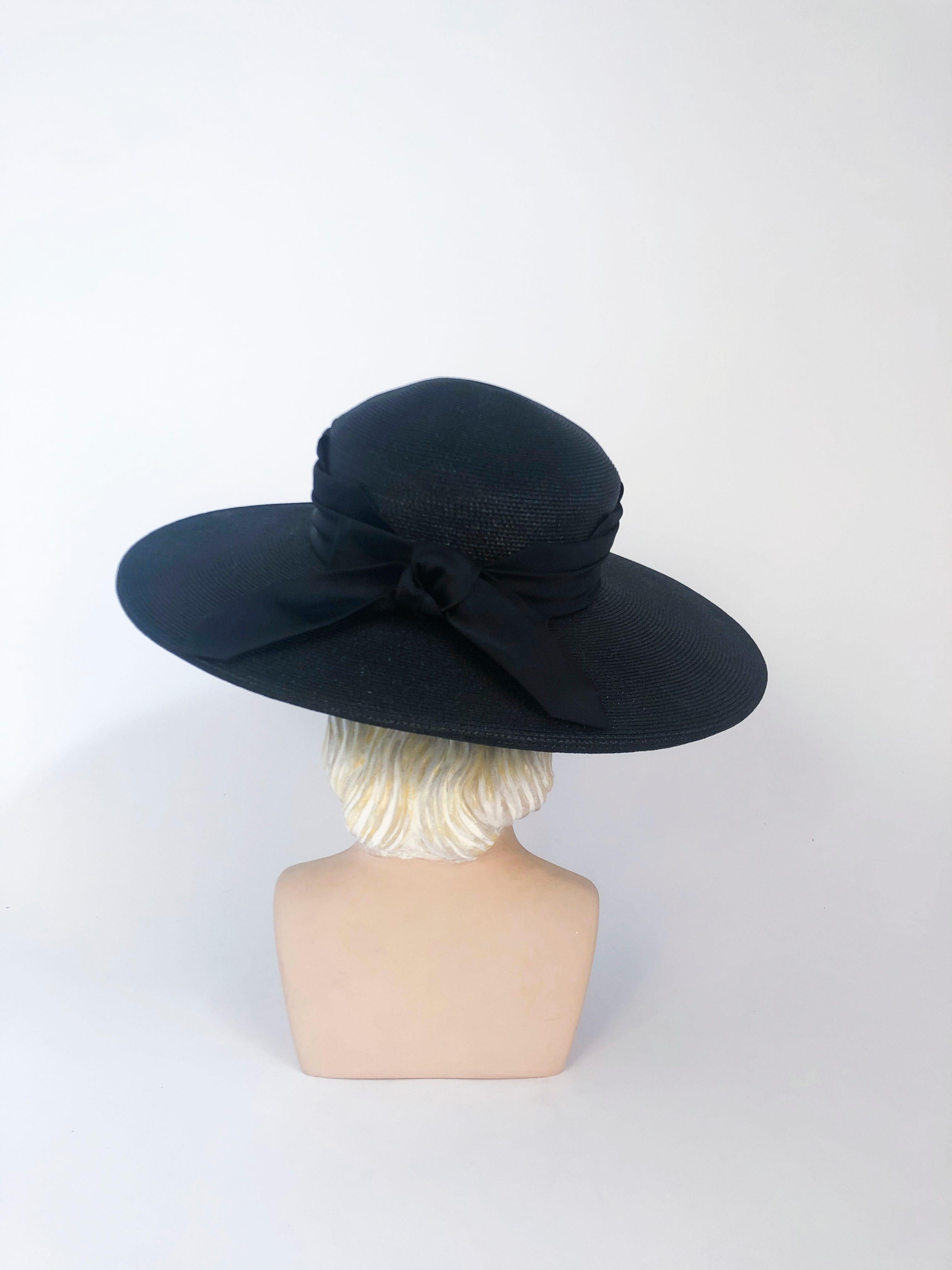 Women's 1960's Black Straw Hat with Wide Tiered Satin Band and Bow