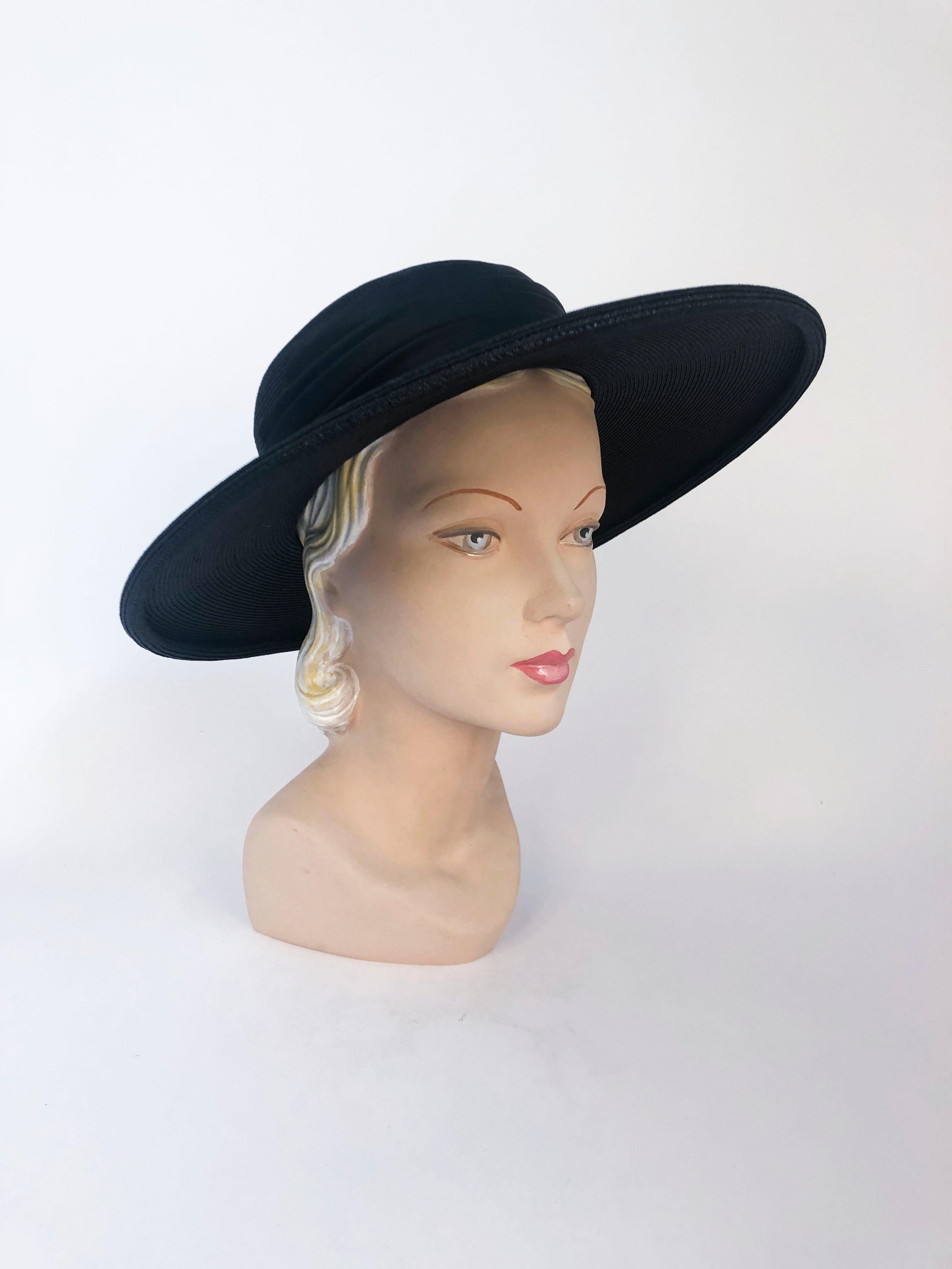 1960's Black Straw Hat with Wide Tiered Satin Band and Bow 1