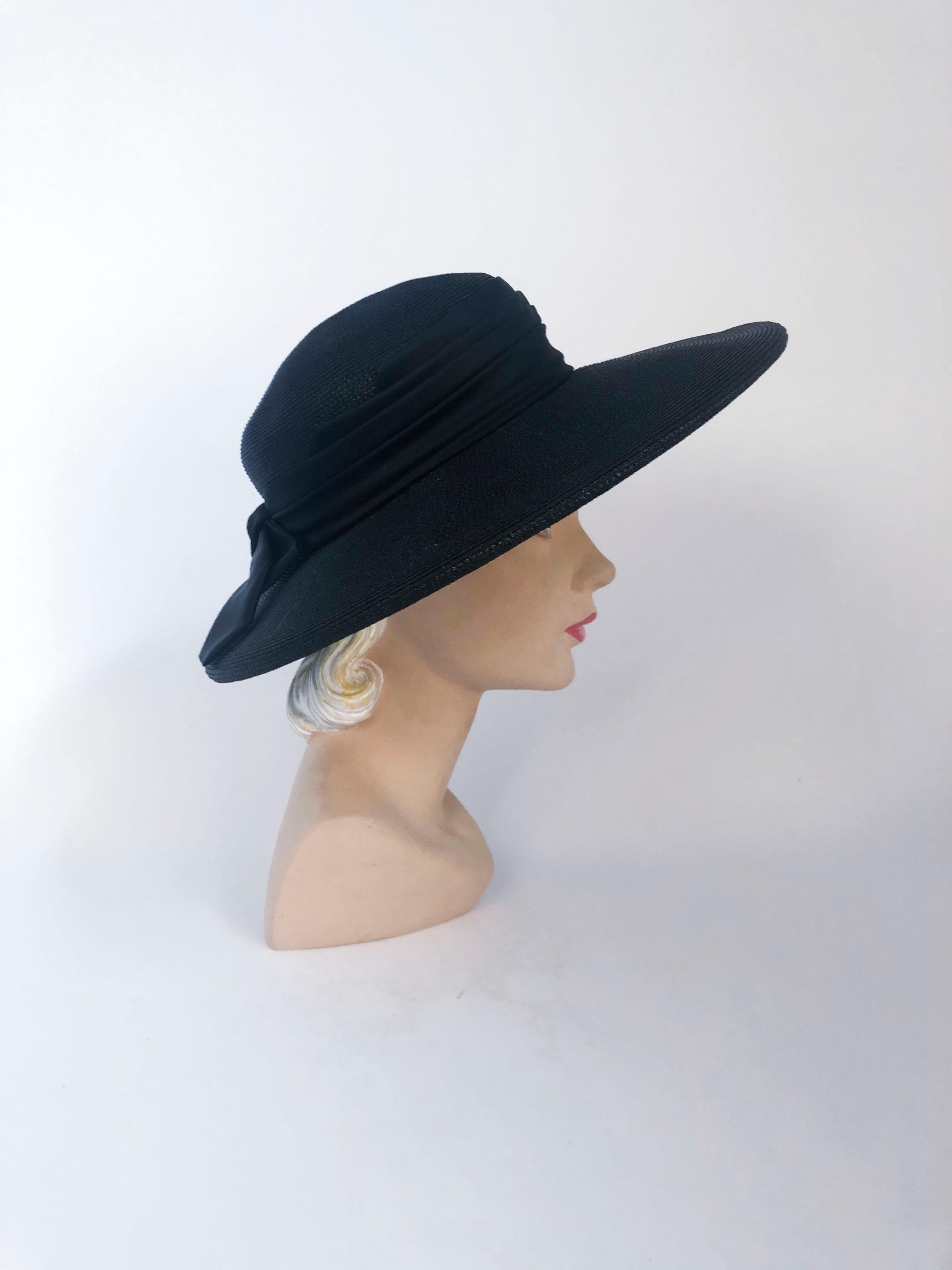 1960's Black Straw Hat with Wide Tiered Satin Band and Bow 3
