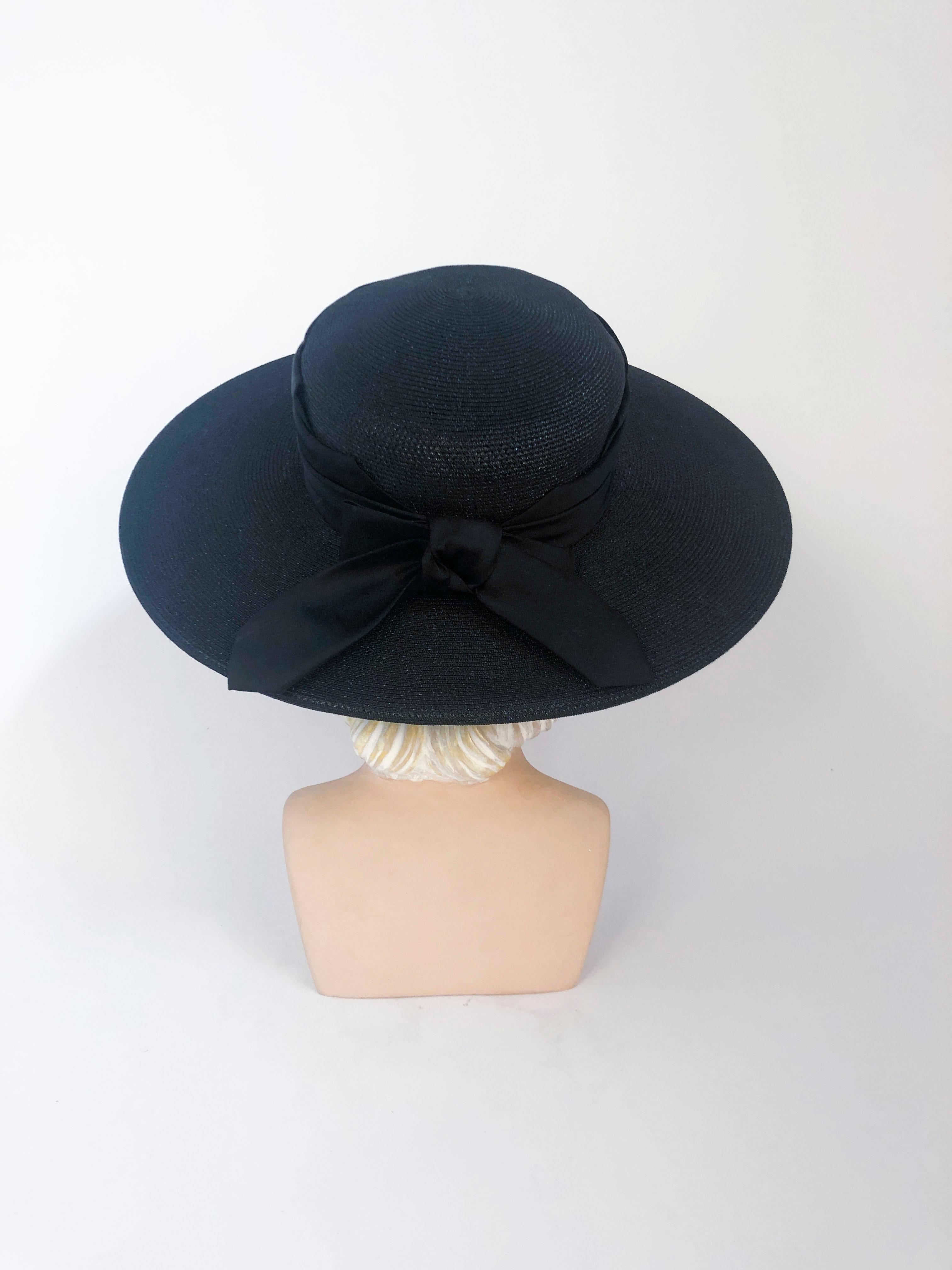 1960's Black Straw Hat with Wide Tiered Satin Band and Bow 4