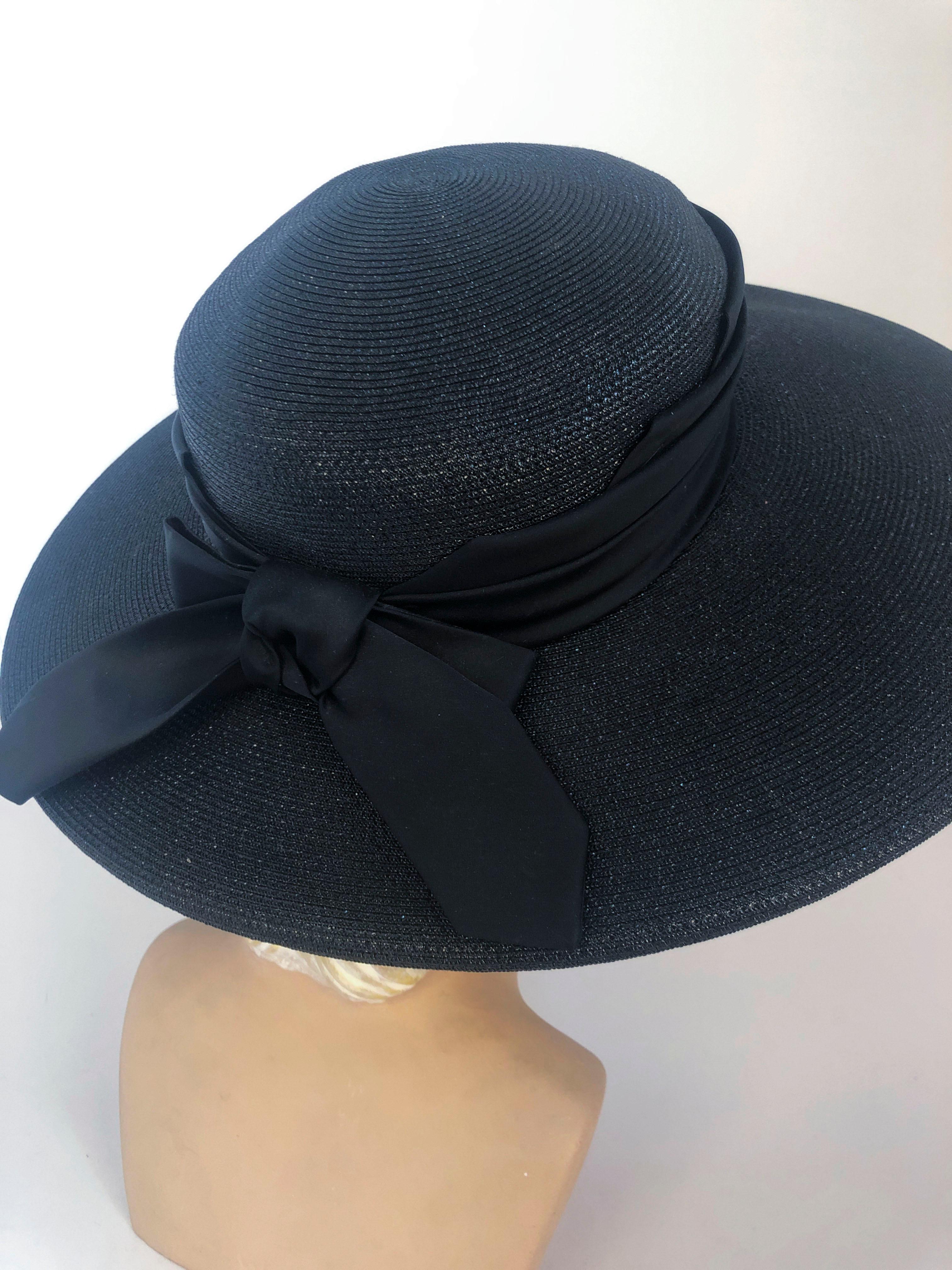 1960's Black Straw Hat with Wide Tiered Satin Band and Bow 5
