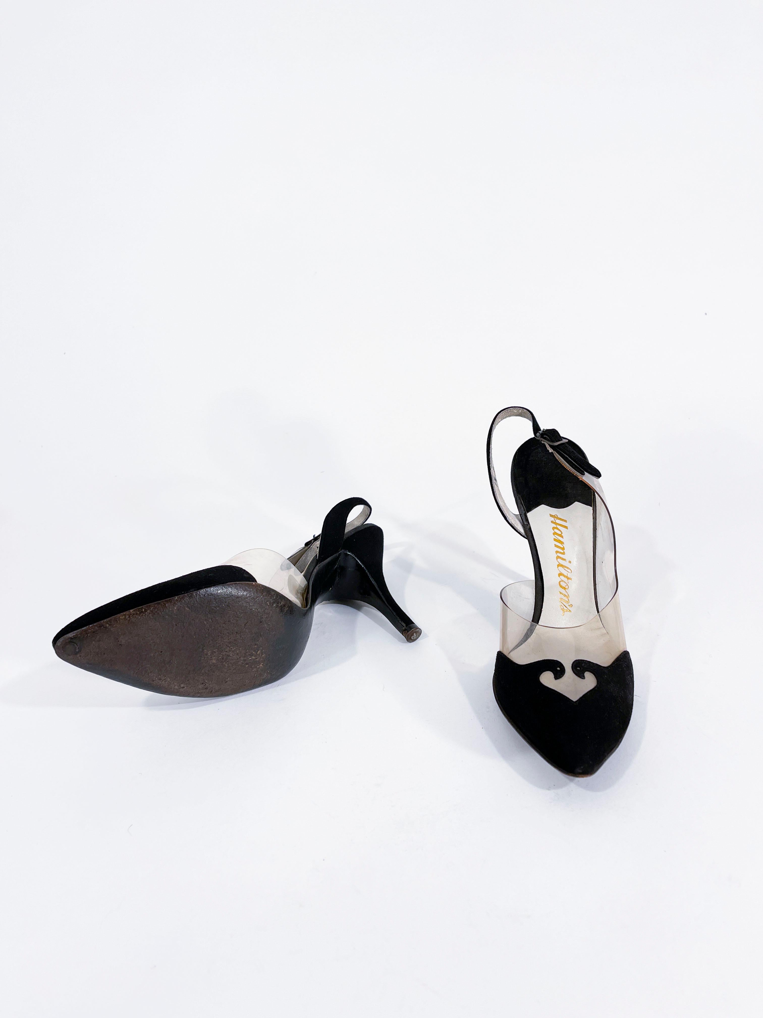 Women's 1960s Black Suede and Vinyl Stiletto Heels  For Sale