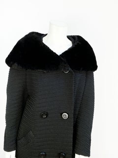 1960s Black Textured Wool Coat with Fur Collar