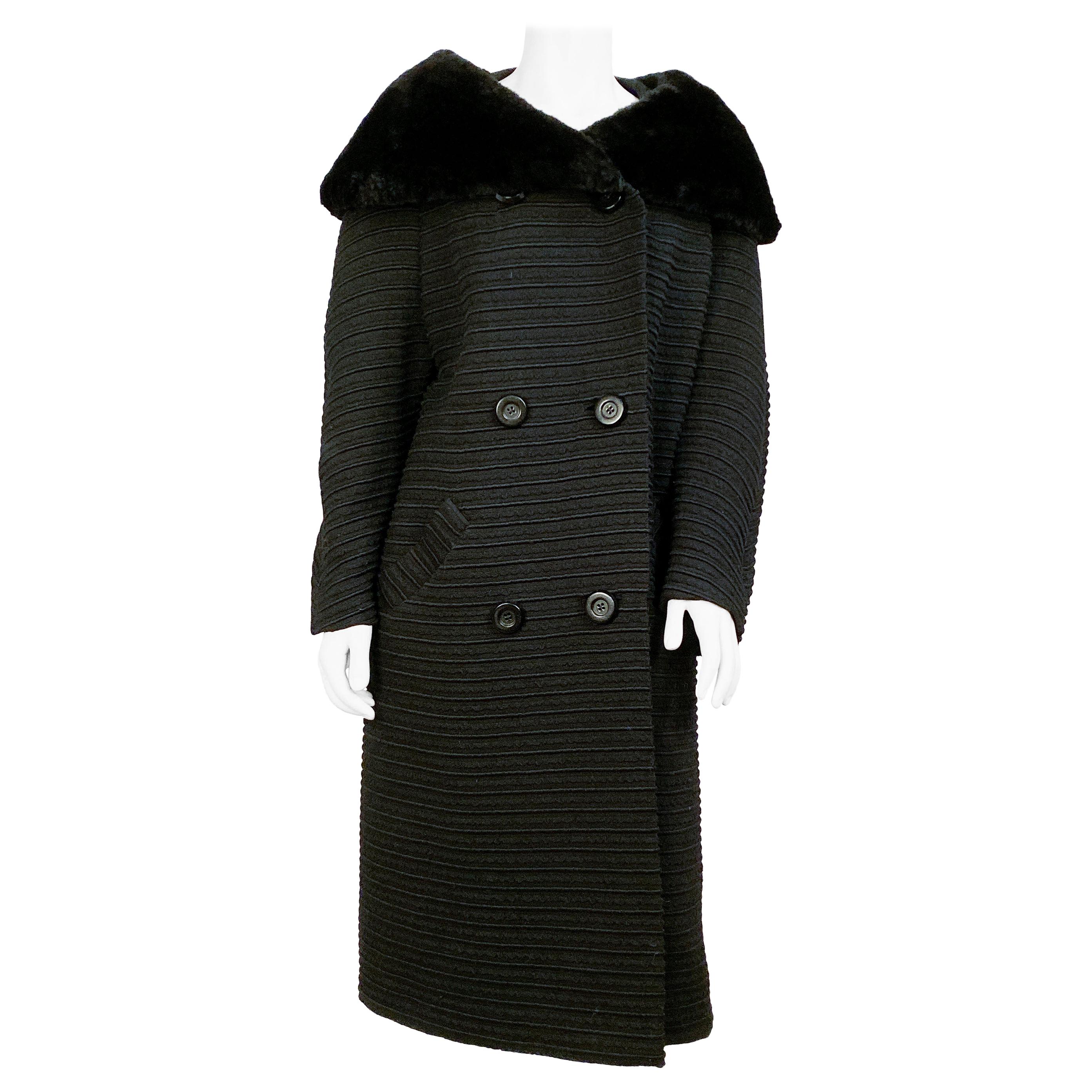 1960s Black Textured Wool Coat with Fur Collar