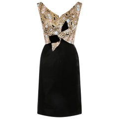 Retro 1960s Black Velvet and Gold Lame Cocktail Dress With Bow Detail