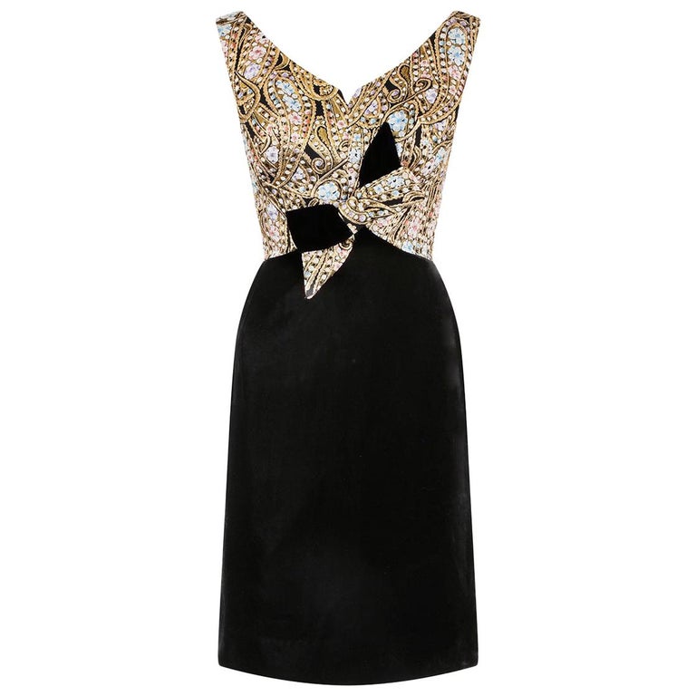 1960s Black Velvet and Gold Lame Cocktail Dress With Bow Detail at 1stDibs