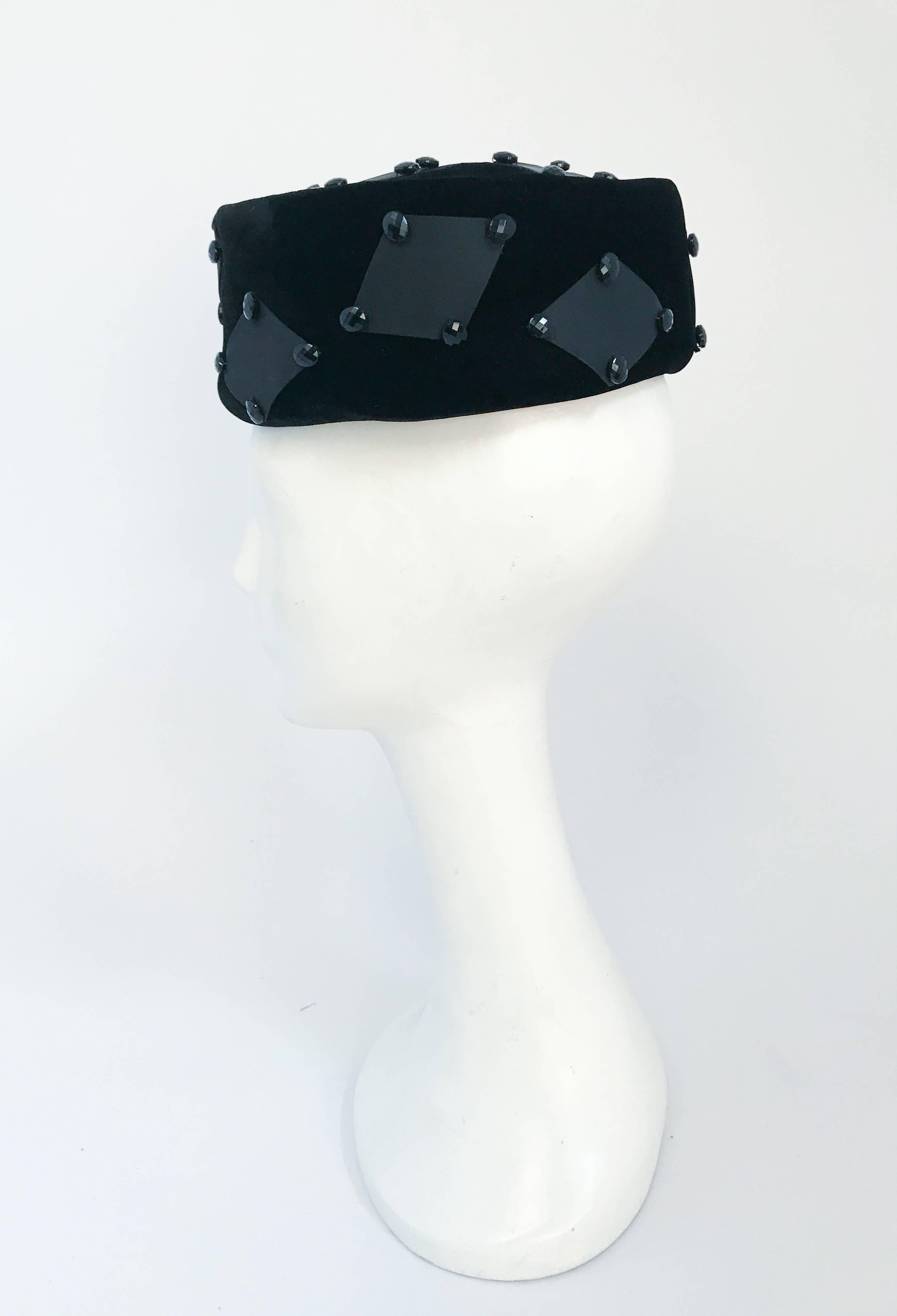 1960's Black Velvet Hat with Rectangular Accents In Good Condition For Sale In San Francisco, CA