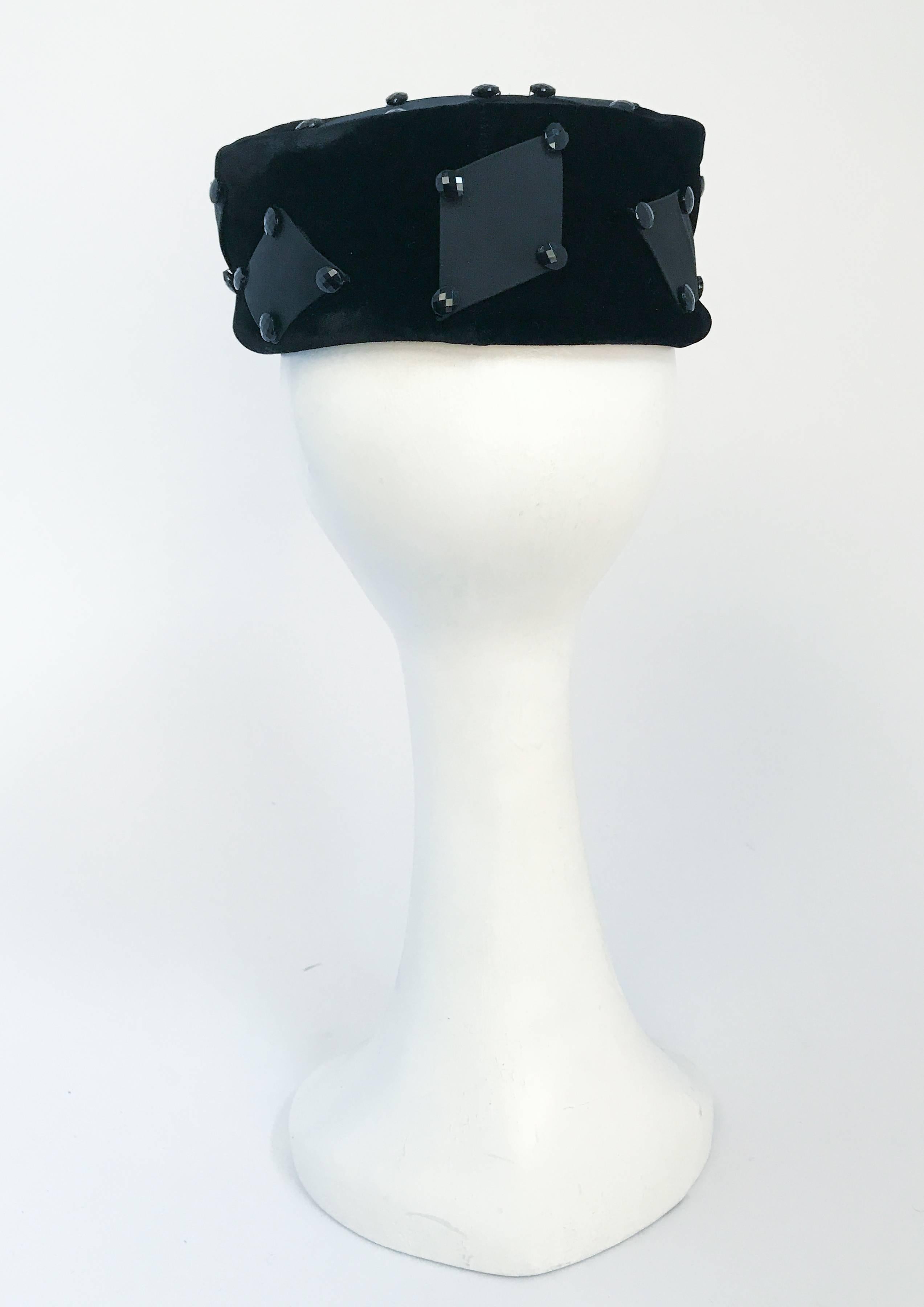 Women's 1960's Black Velvet Hat with Rectangular Accents For Sale