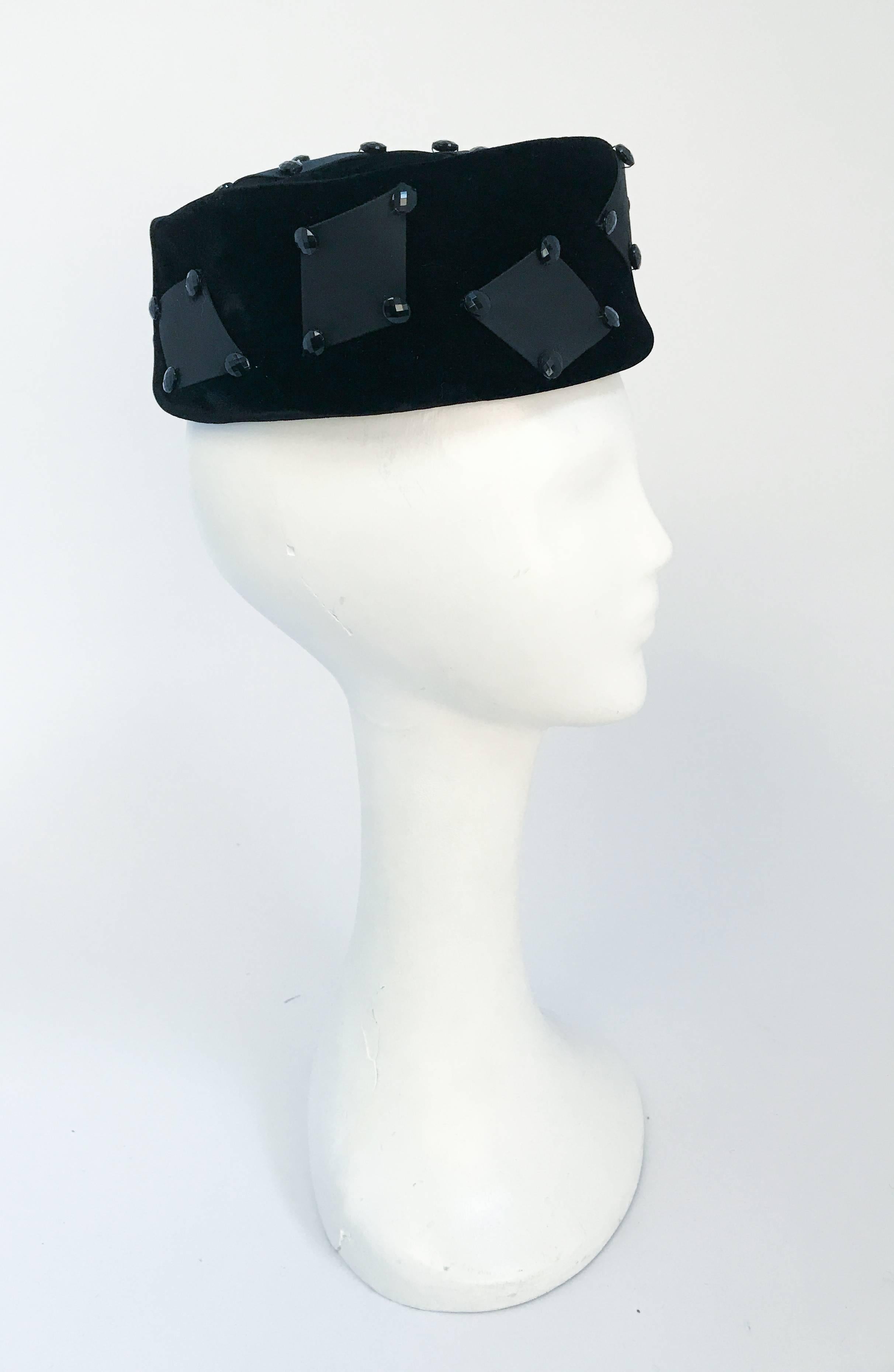 1960's Black Velvet Hat with Rectangular Accents For Sale 1