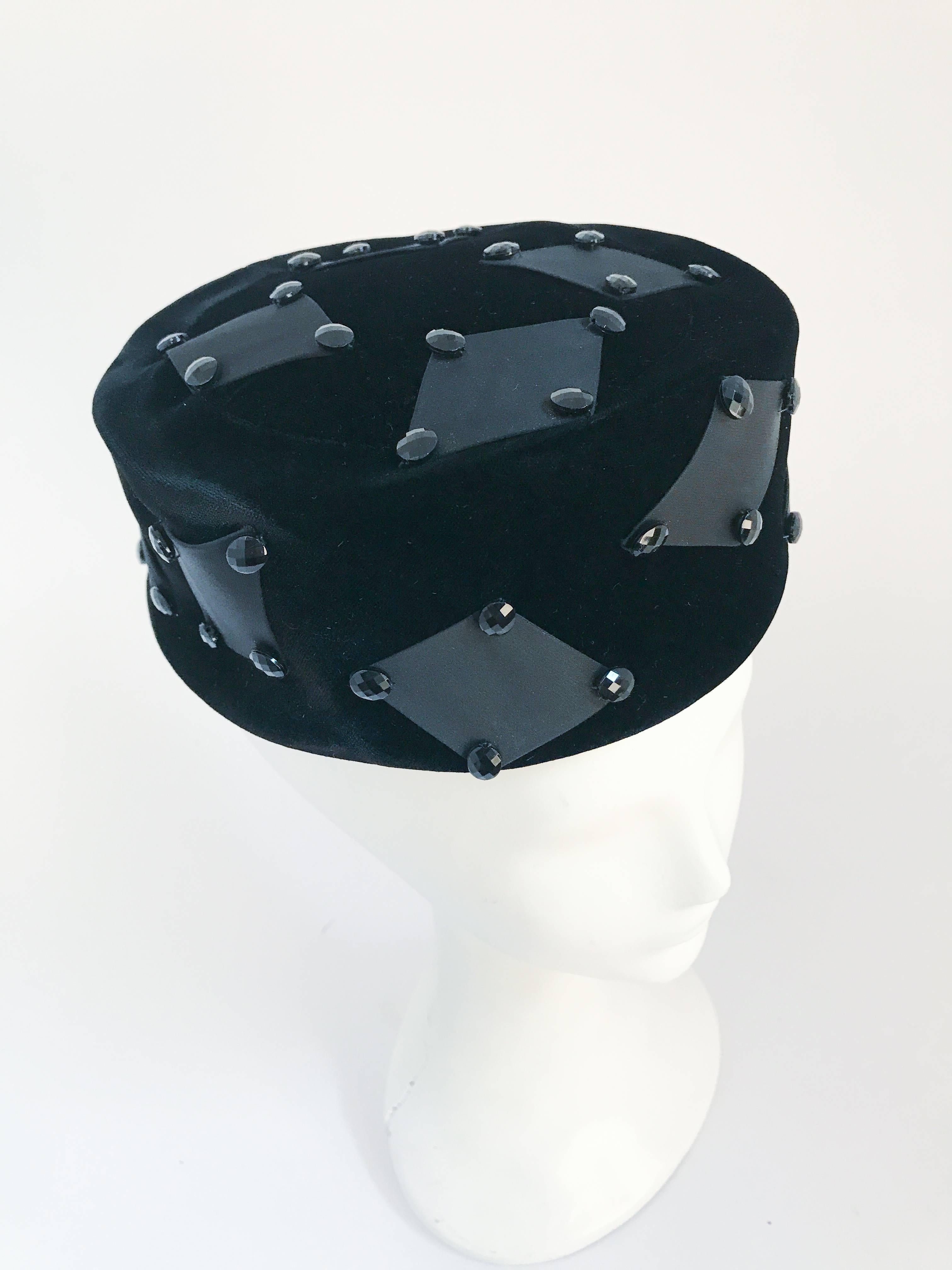 1960's Black Velvet Hat with Rectangular Accents For Sale 2