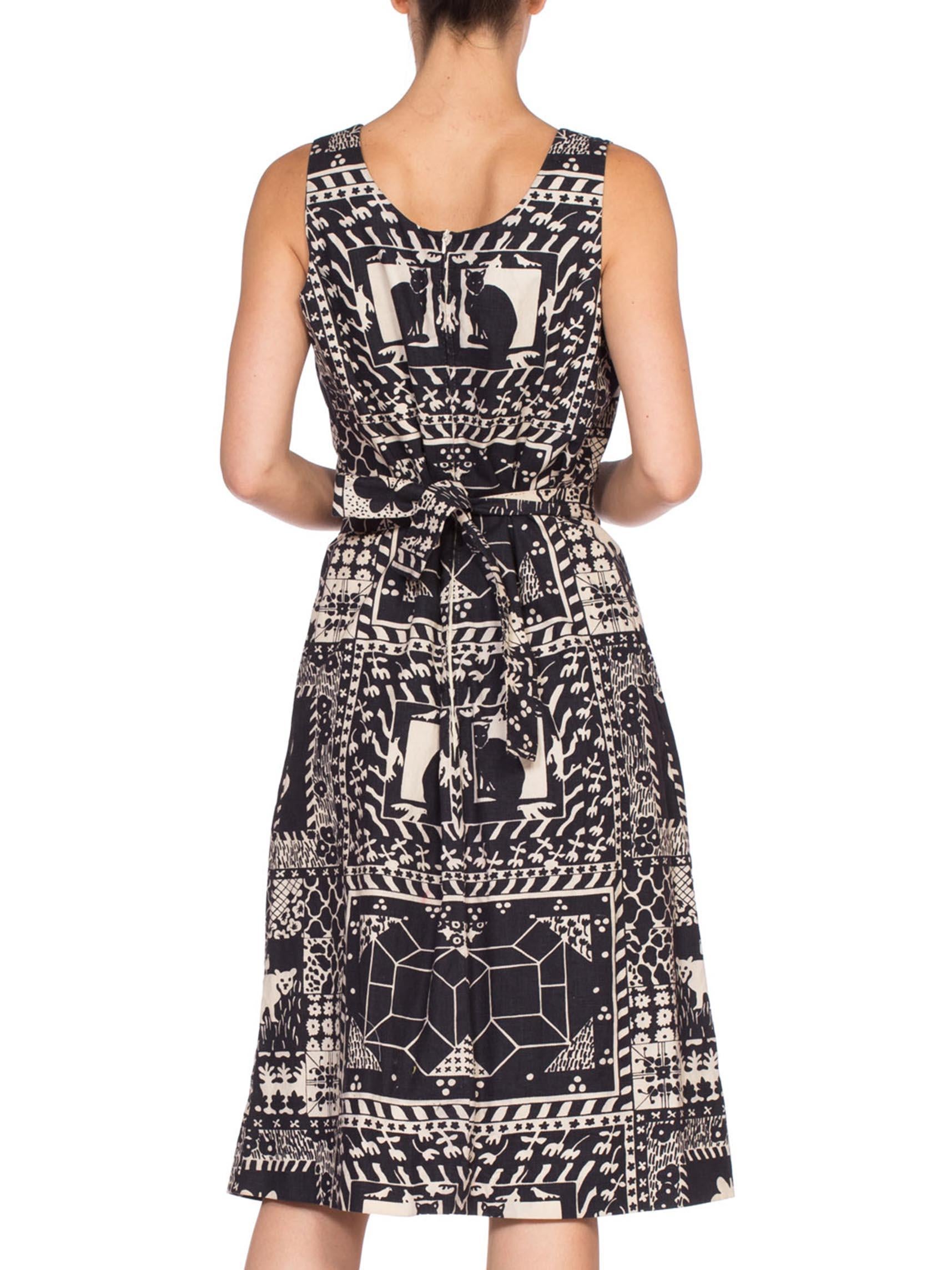 1960'S Black & White Cotton Scandinavian Print Dress 3