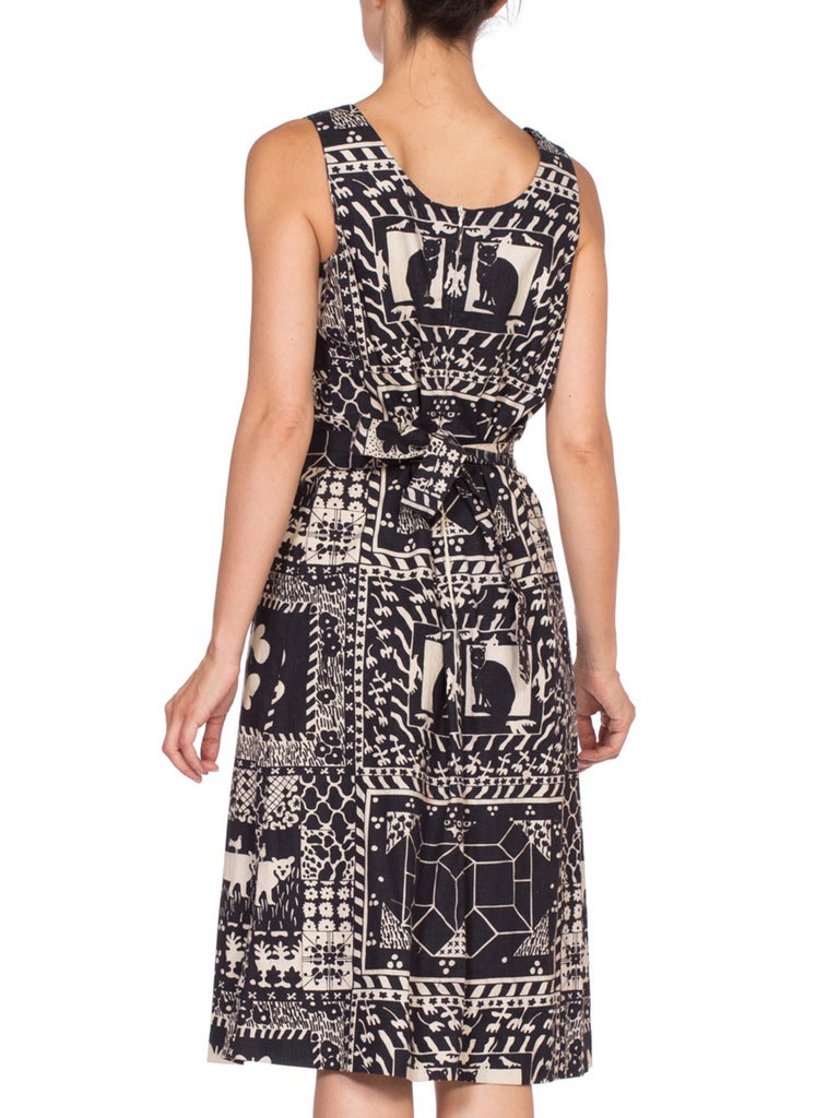 1960'S Black and White Cotton Scandinavian Print Dress For Sale at 1stDibs