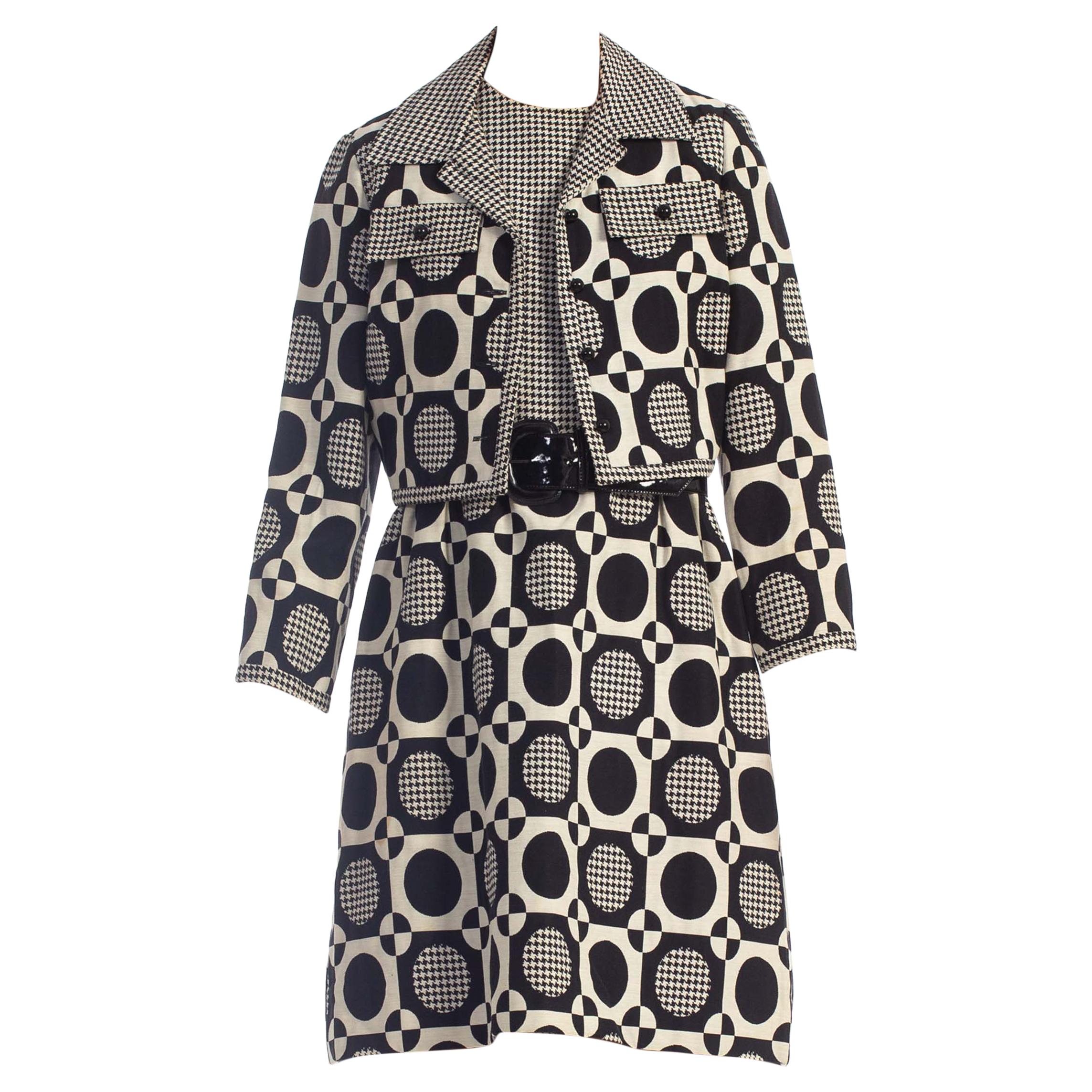 1960'S Black & White Cotton Blend Jaquard Mod Op-Art Dress With Matching Jacket