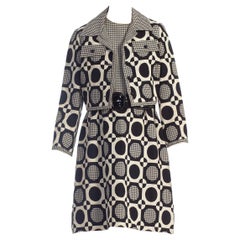 1960'S Black & White Cotton Blend Jaquard Mod Op-Art Dress With Matching Jacket