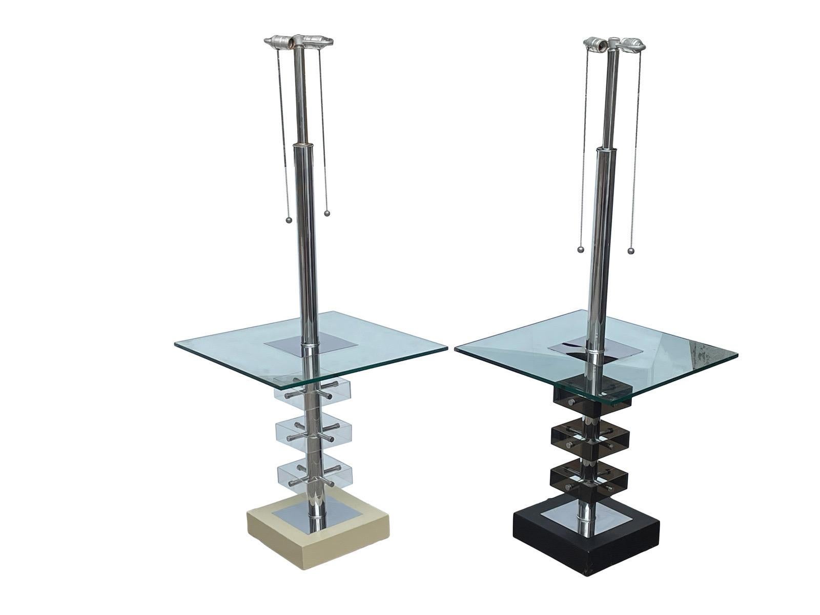 Mid-Century Modern 1960s Black White Floor Table Lucite Chrome Lamp-A Pair  For Sale