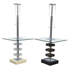 1960s Black White Floor Table Lucite Chrome Lamp-A Pair