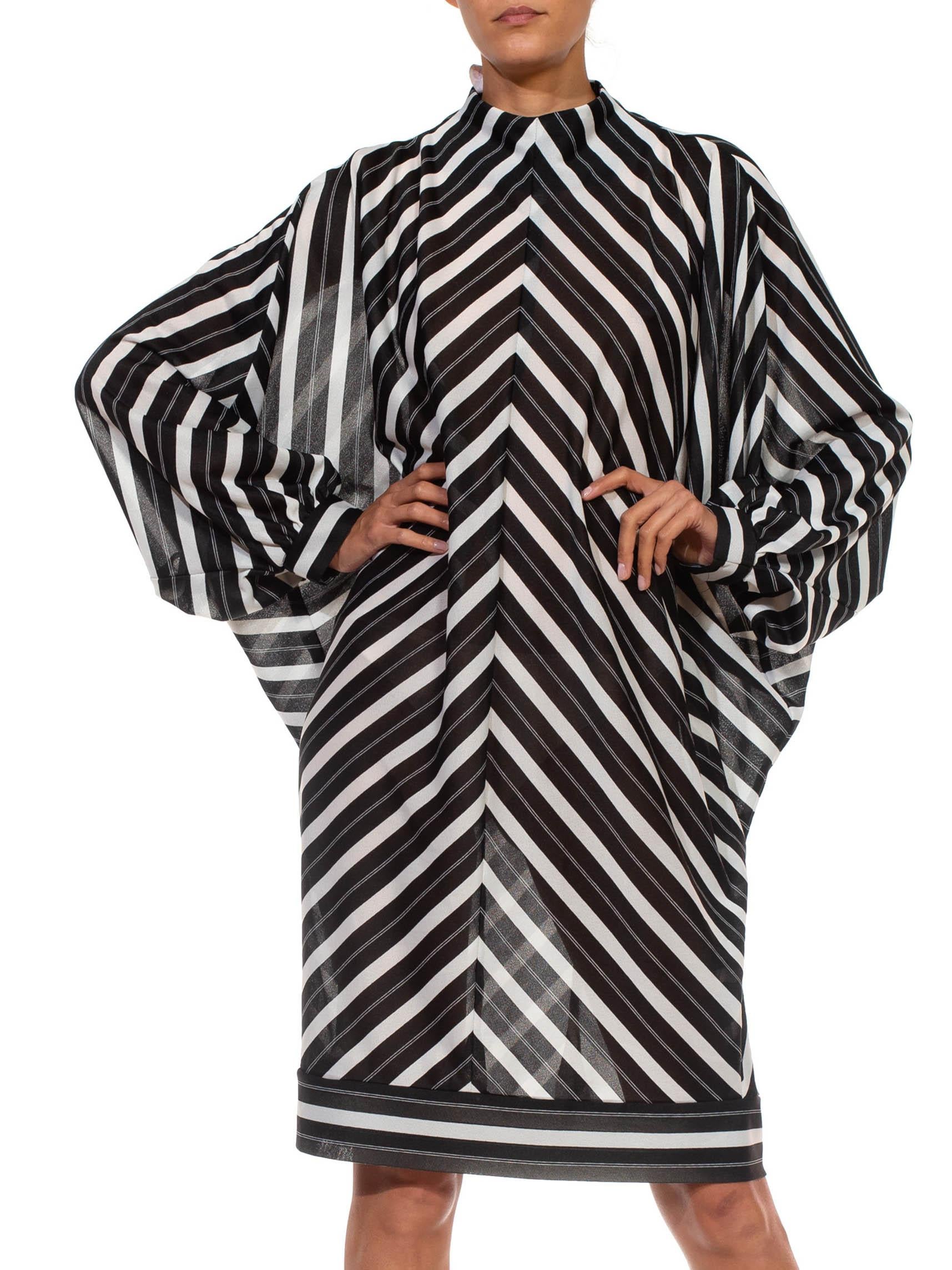 Women's 1960S Black & White Poly Blend Striped, Dolman Sleeve Dress For Sale