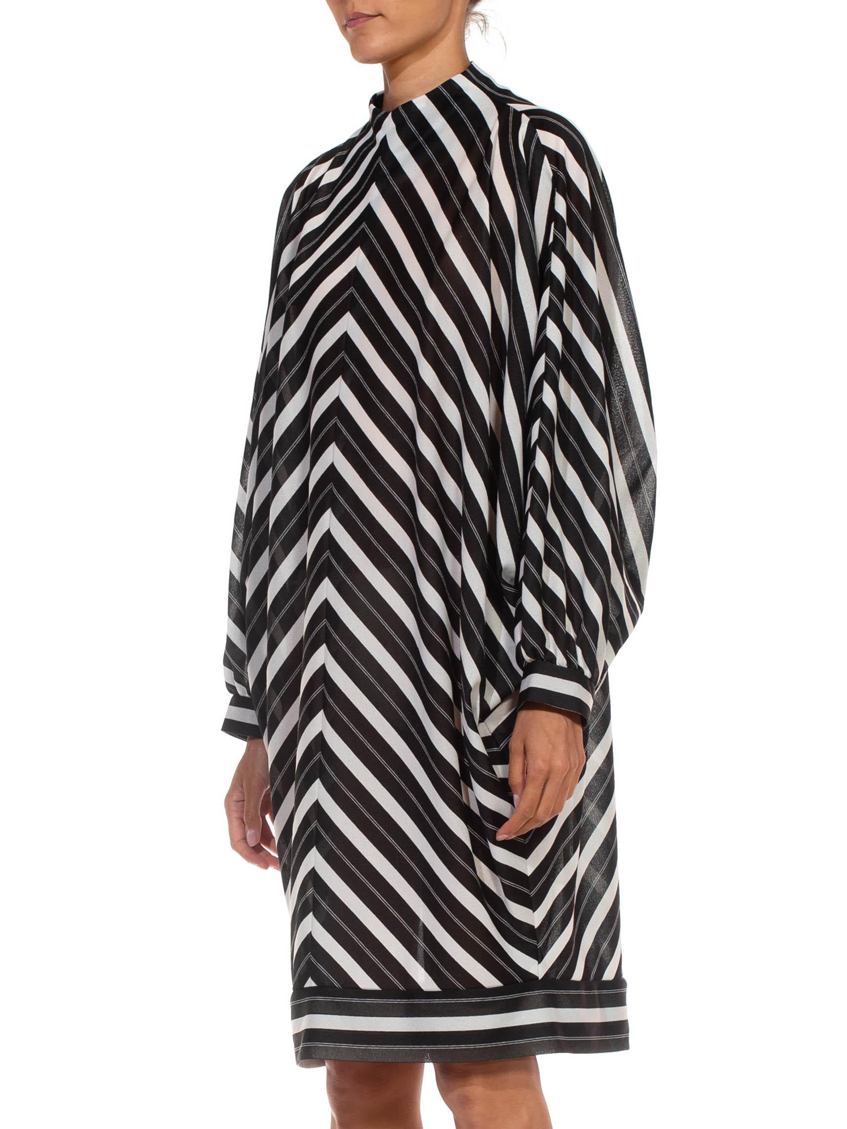 1960S Black & White Poly Blend Striped, Dolman Sleeve Dress For Sale 1