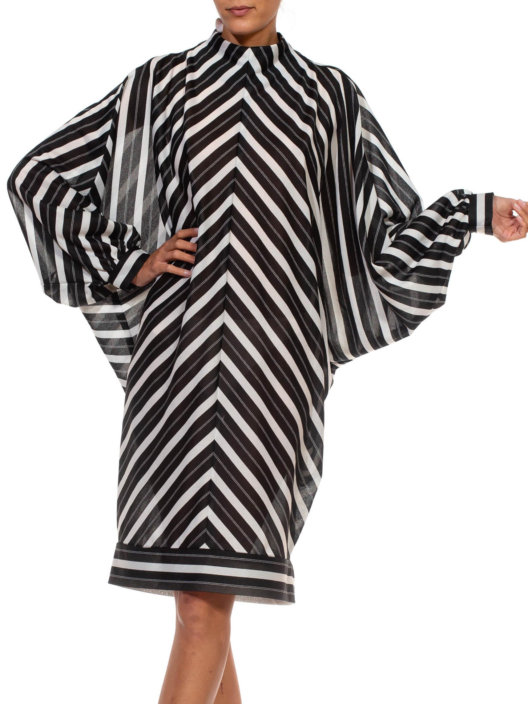 1960S Black & White Poly Blend Striped, Dolman Sleeve Dress For Sale 2