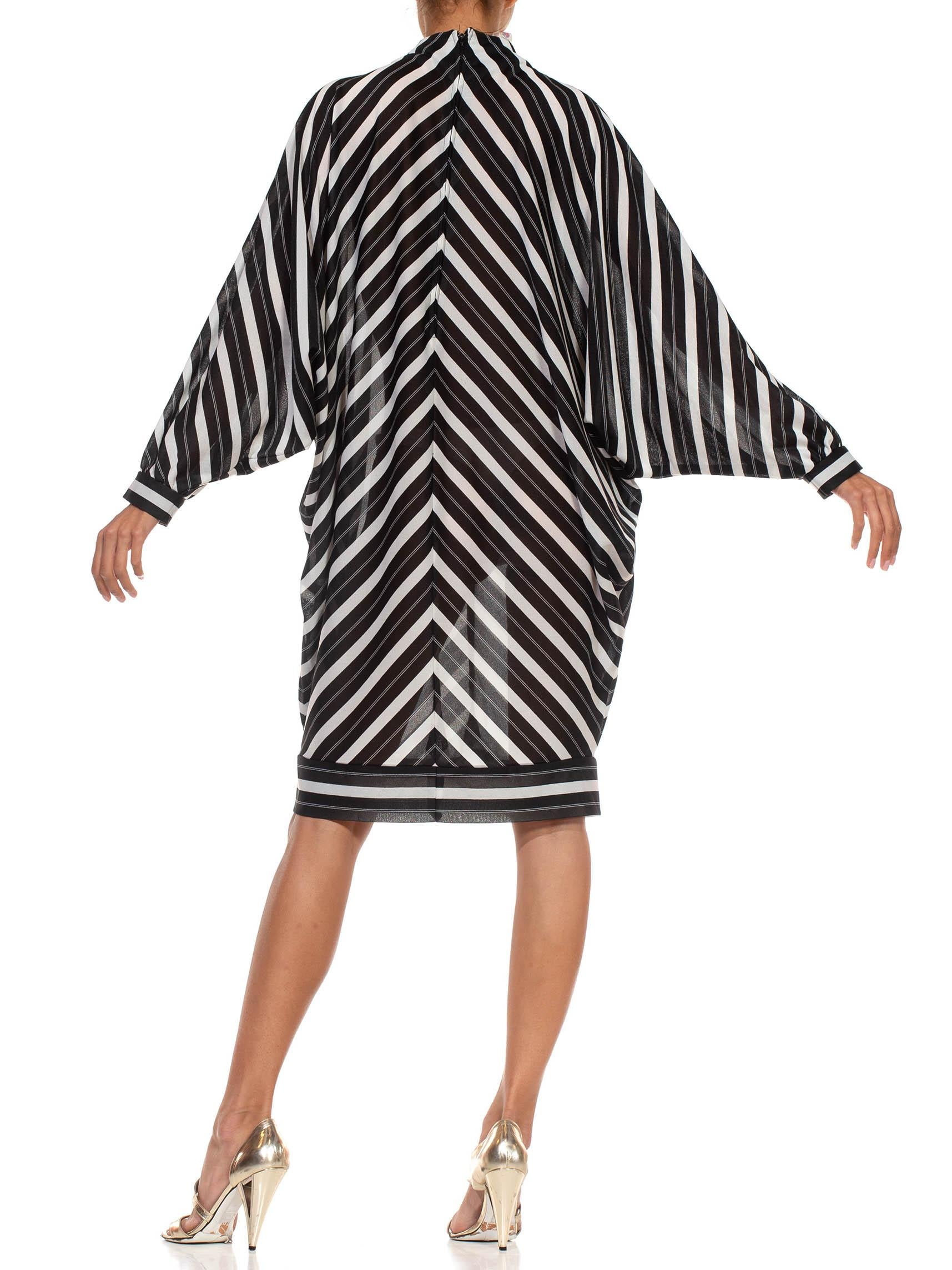 1960S Black & White Poly Blend Striped, Dolman Sleeve Dress For Sale 3