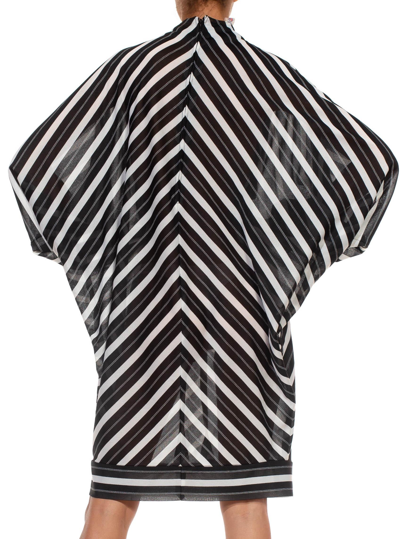 1960S Black & White Poly Blend Striped, Dolman Sleeve Dress For Sale 4