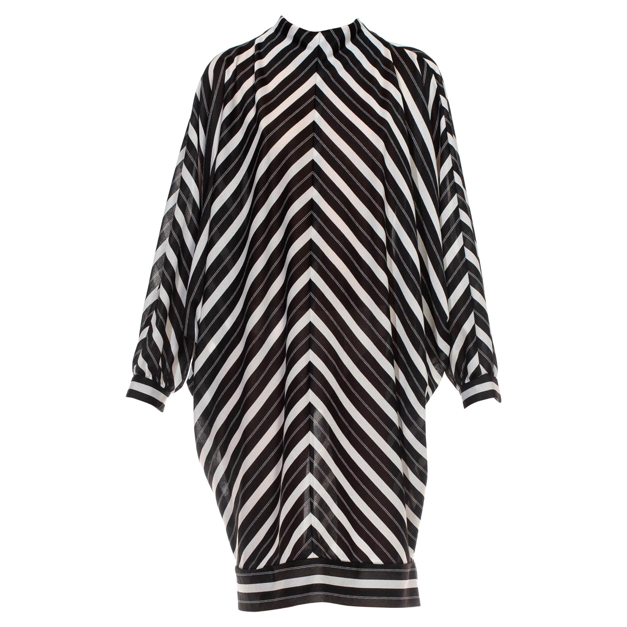 1960S Black & White Poly Blend Striped, Dolman Sleeve Dress For Sale