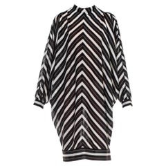 1960S Black & White Poly Blend Striped, Dolman Sleeve Dress