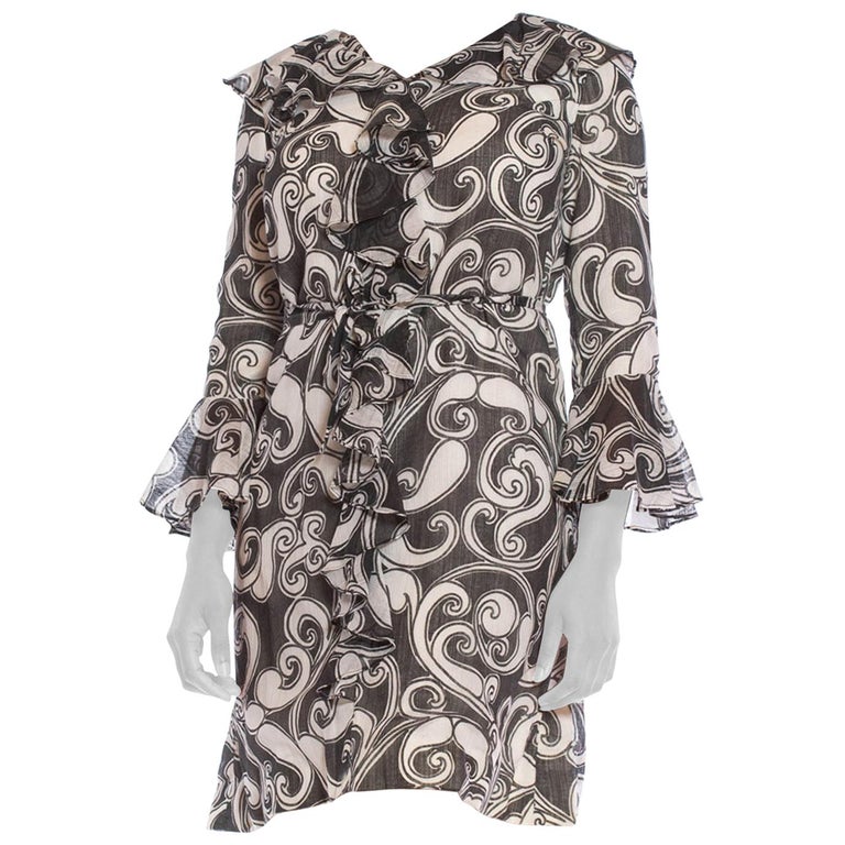 1960s Black & White Psychedelic Cotton Voile Mod A-Line Ruffled Dress