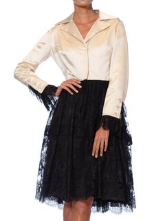 1960S Black & White Silk Duchess Satin Chantilly Lace Long Sleeve Cocktail Dres