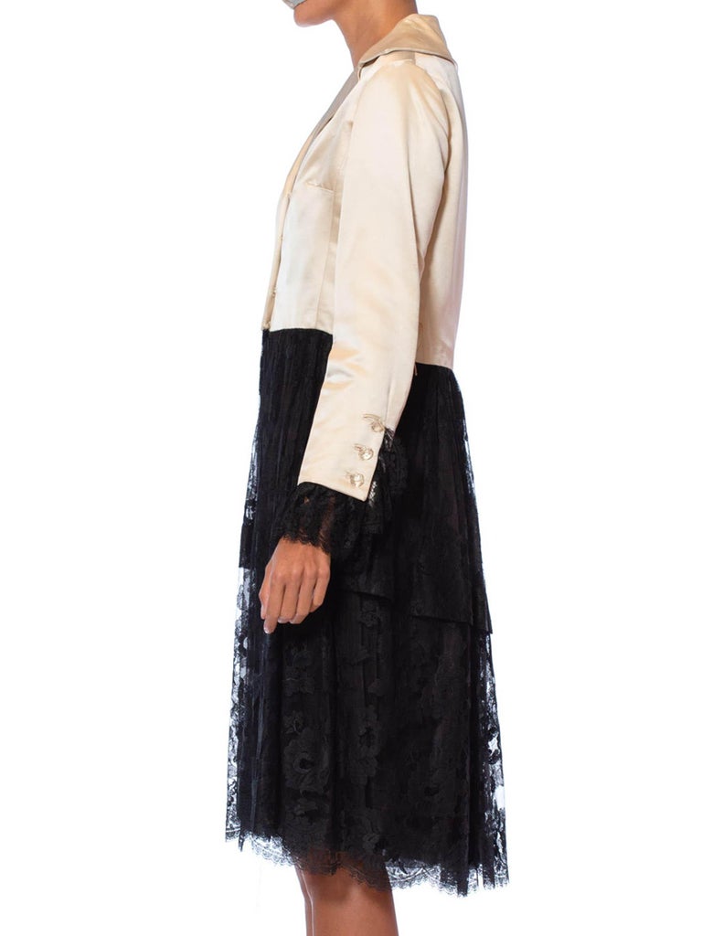 1960S Black And White Silk Duchess Satin Chantilly Lace Long Sleeve 1960s-black-and-white-silk-duchess-satin-chantilly-lace-long-sleeve